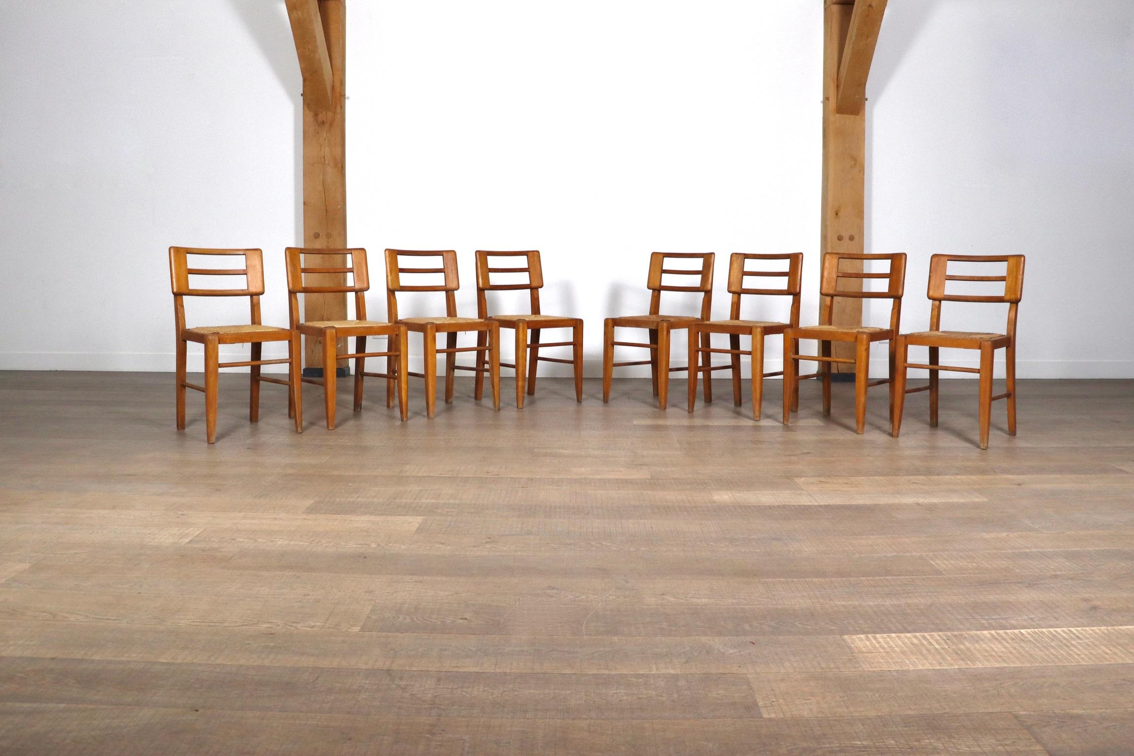 Set Of 8 Dining Chairs By Pierre Cruège In Oak And Straw, France 1950s 4
