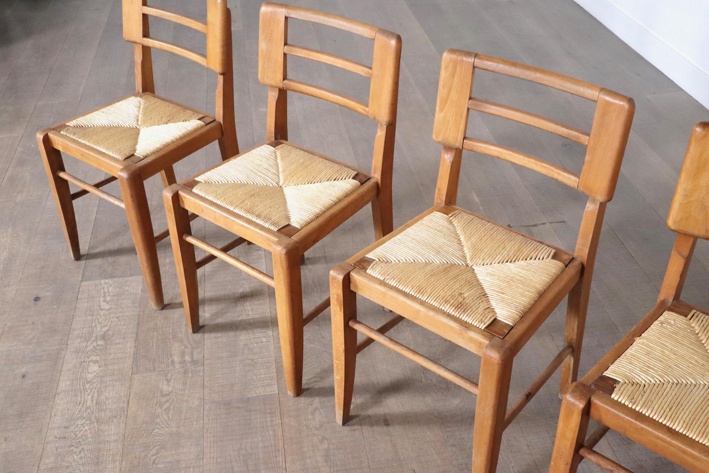 Set Of 8 Dining Chairs By Pierre Cruège In Oak And Straw, France 1950s 5