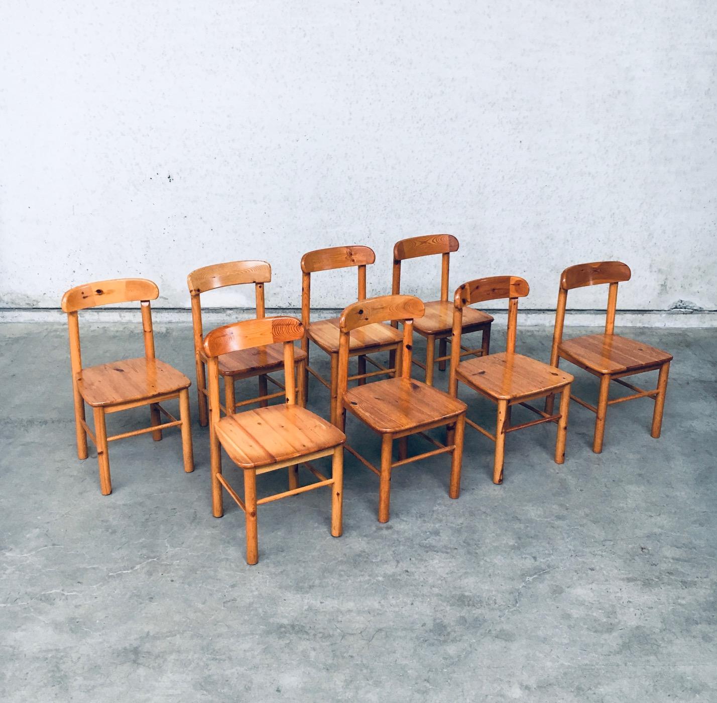 Vintage Scandinavian Design set of 8 Dining Chairs by Rainer Daumiller for Hirtshals Savvaerk. Made in Sweden, 1970's period. Solid pine constructed dining chair set with nice bent backrest. These chairs all are in very good condition. Some have
