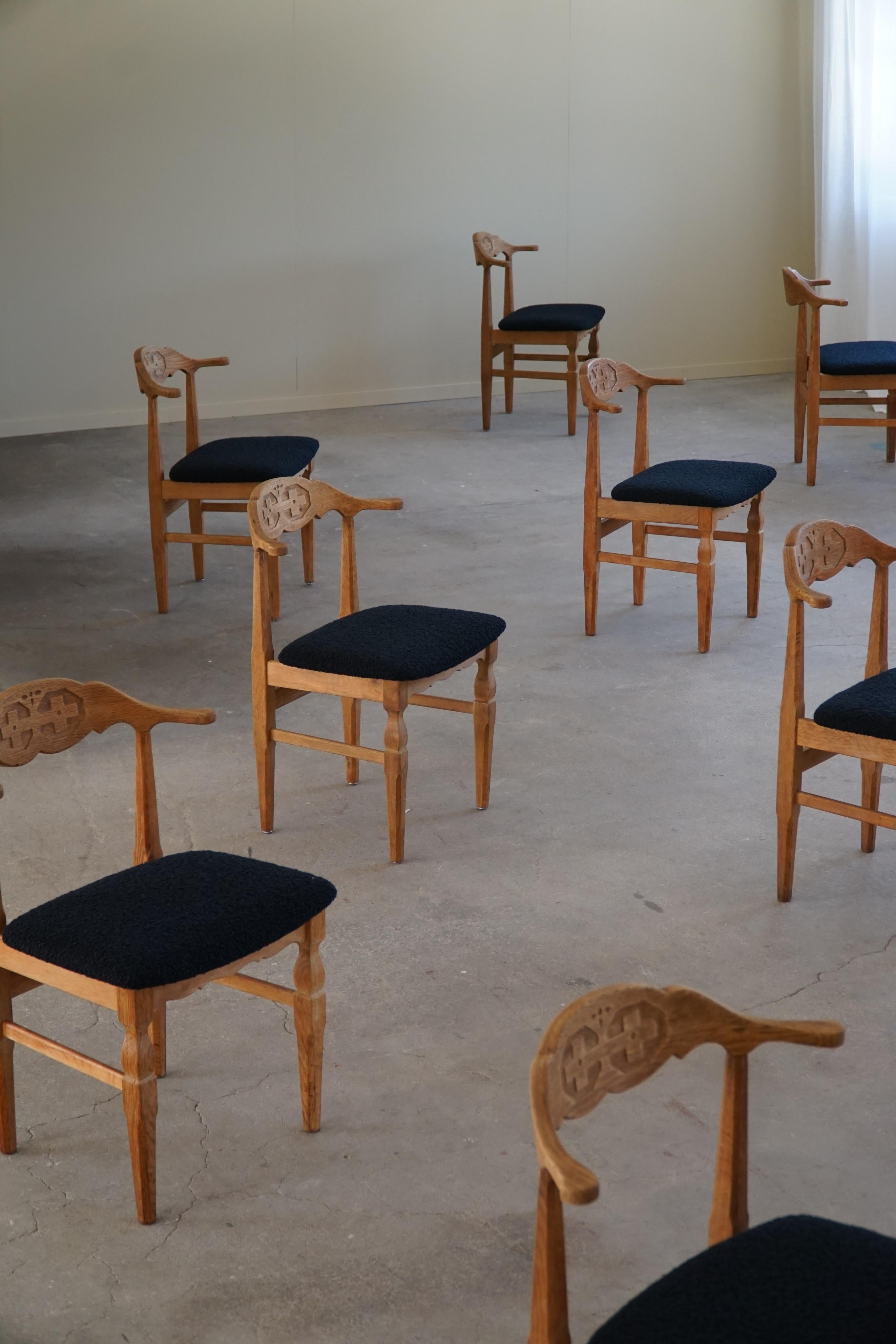 20th Century Set of 8 Dining Chairs, Henning Kjærnulf, Reupholstered in Bouclé, 1960s