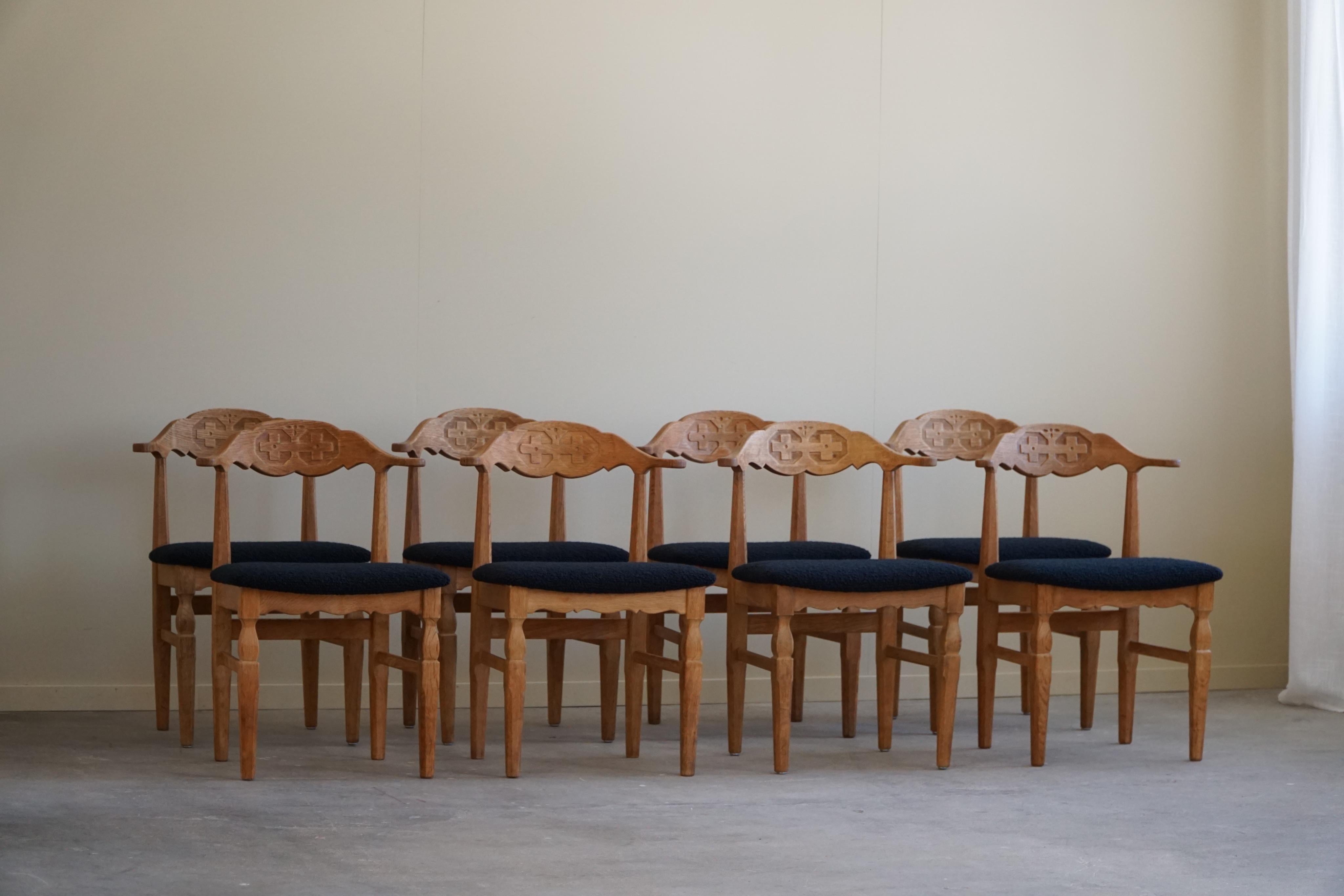 Set of 8 Dining Chairs, Henning Kjærnulf, Reupholstered in Bouclé, 1960s 1