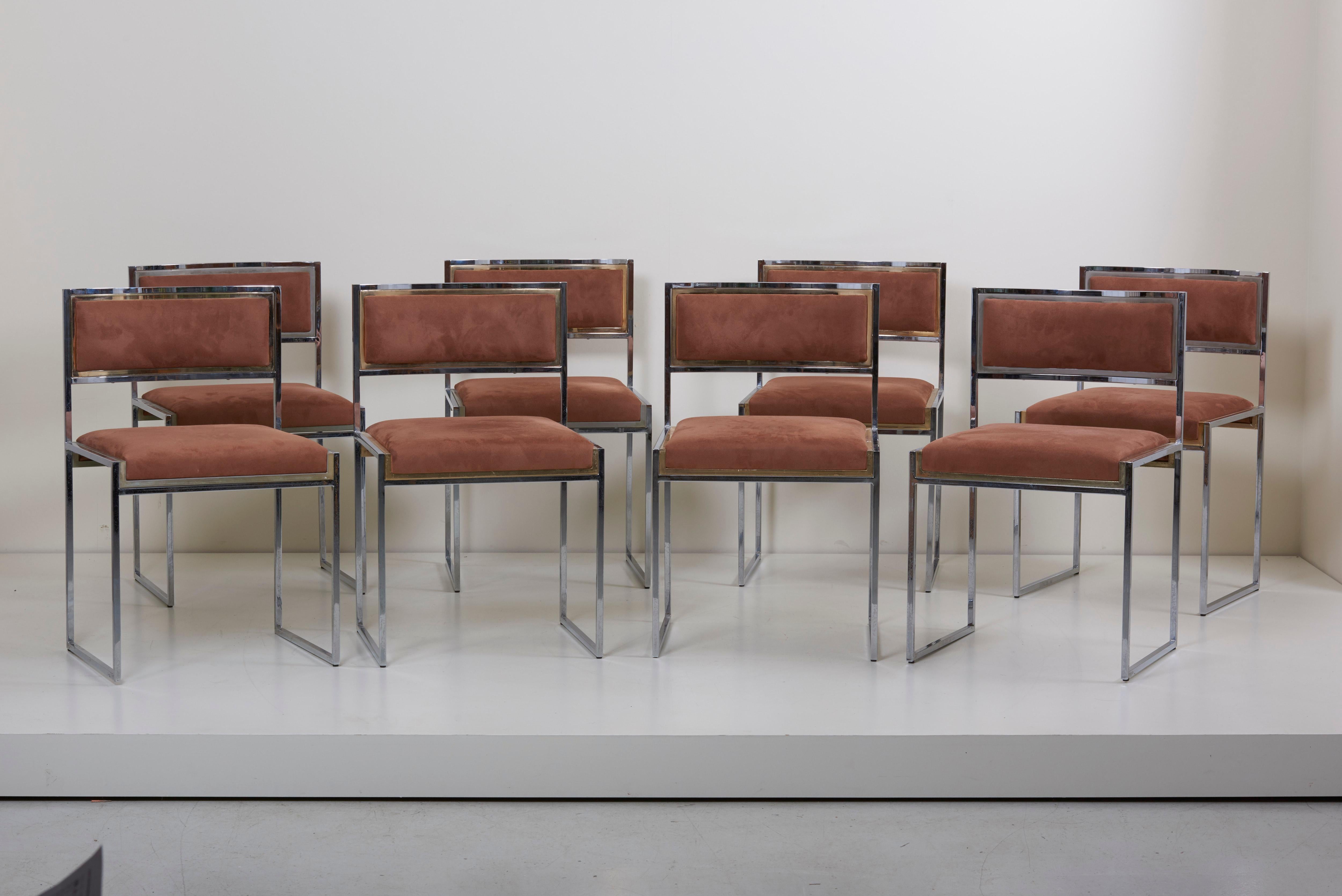 Beautiful set of 8 chairs in chrome and brass designed by Willy Rizzo. The chairs were manufactured by Jean Charles (signed) and they are high quality reupholstered.