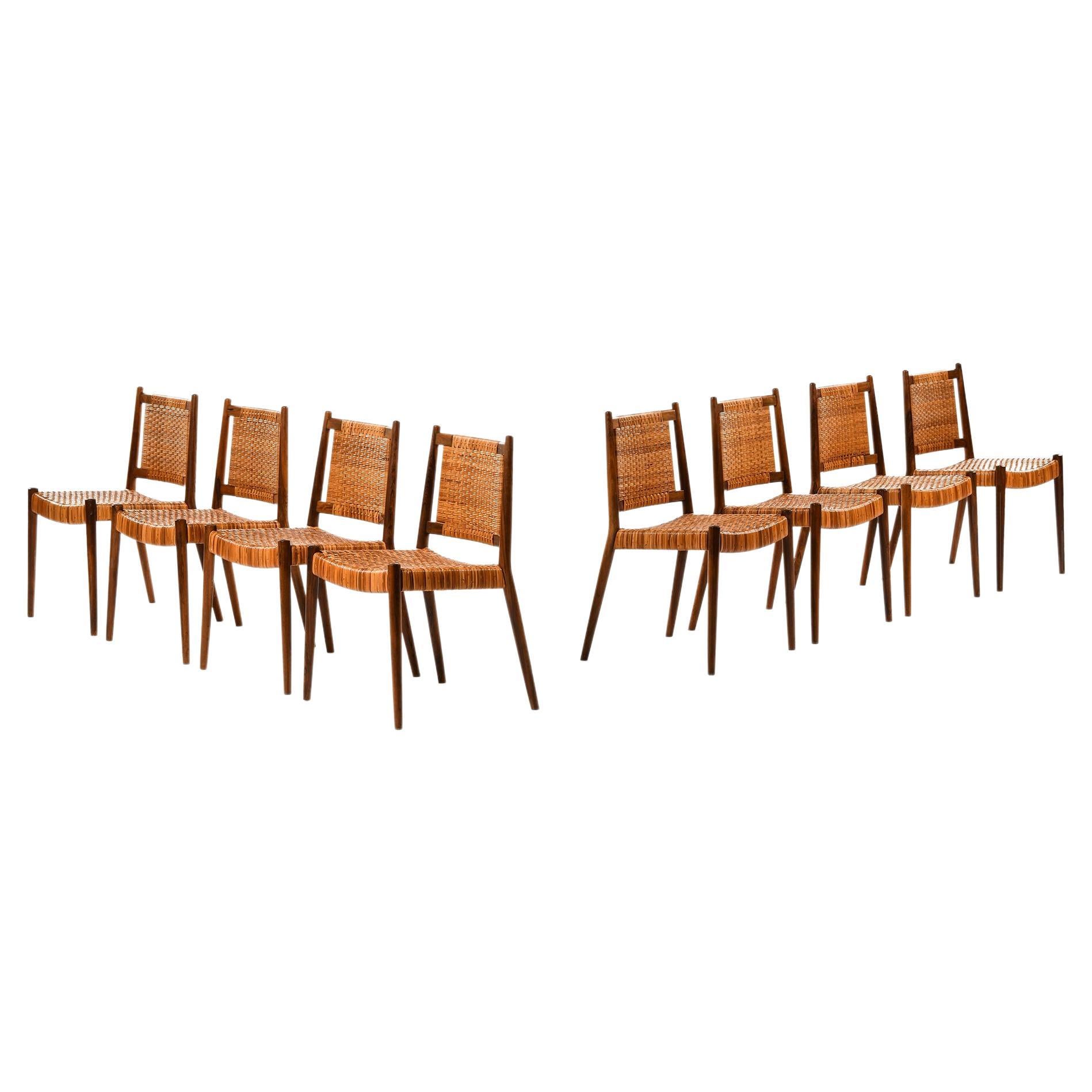 Satz von 8 Esszimmerstühlen aus Palisanderholz und geflochtenem Rohr von Steffan Syrach-Larsen, 1960 im Angebot