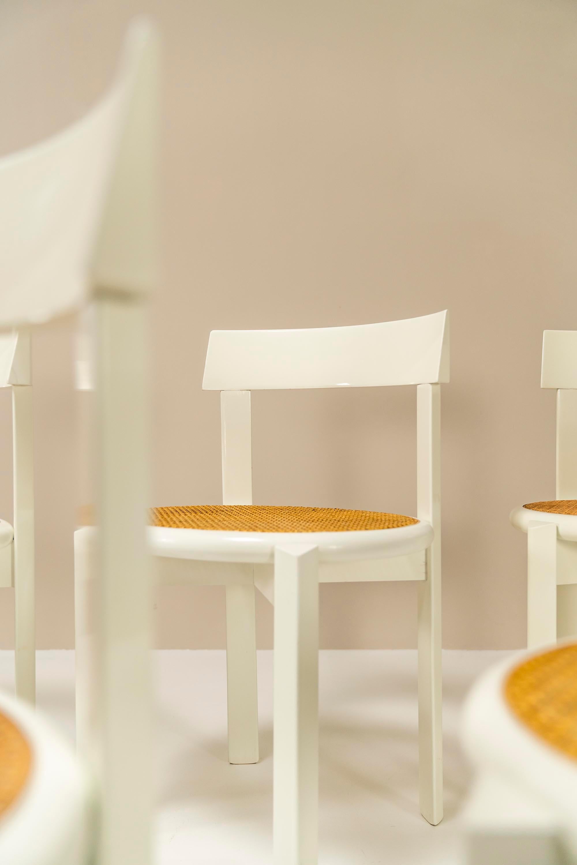Set of 8 Dining Chairs in White Lacquered Wood and Wicker, Italy, 1980s 7