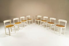 Set of 8 Dining Chairs in White Lacquered Wood and Wicker, Italy, 1980s