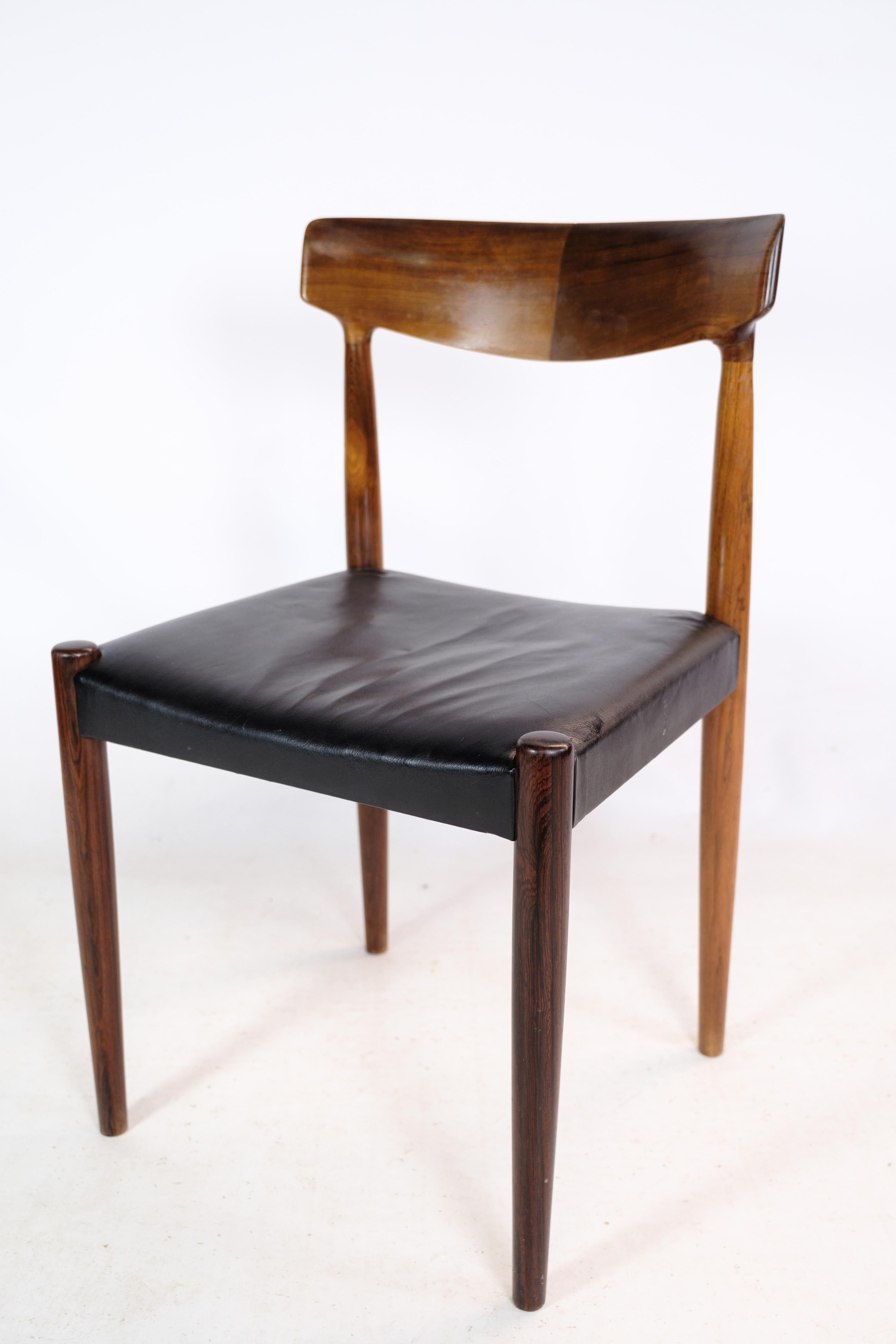 Set of 8 dining chairs, model 343, designed by Knud Færch and produced by Slagelse møbelfabrik from around the 1960s. Stands with used black leather. We have the option of reupholstering the chairs in both leather and fabric as