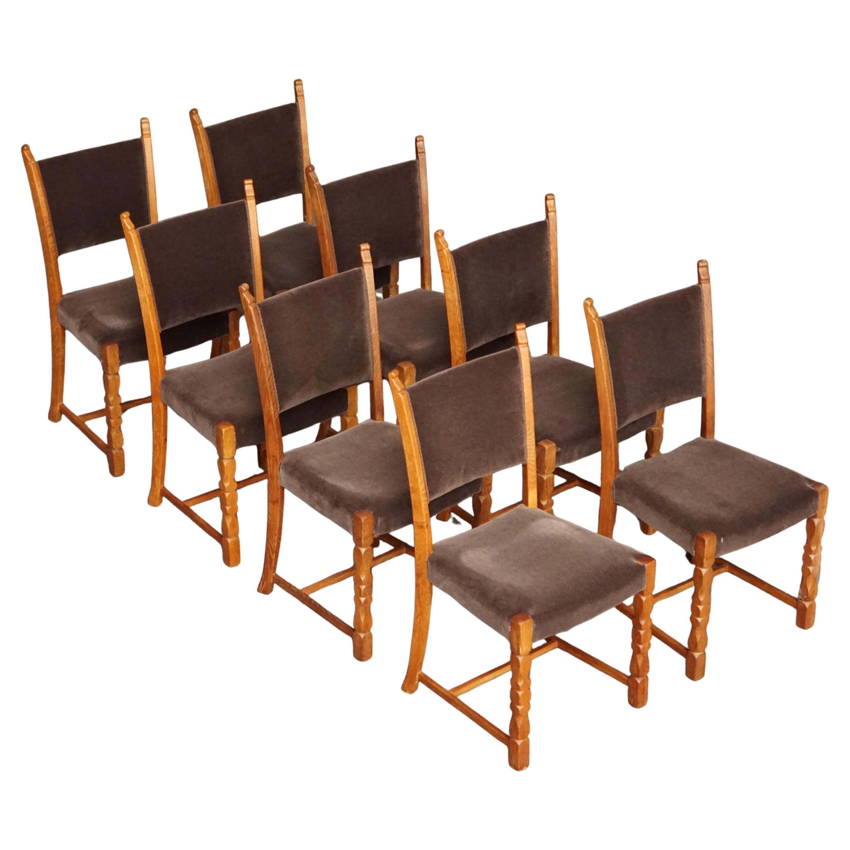 Set of 8 Dining Chairs, Oak 
Mohair, Henning Kjærnulf, Danish Modern, 1950s
