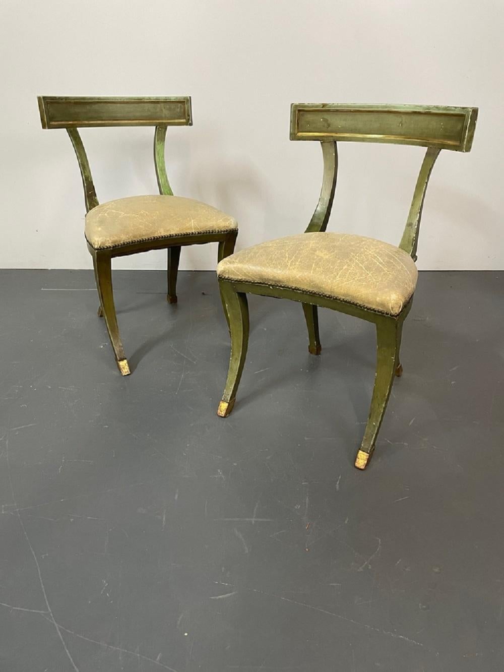 Eight Dining Klismos Maison Jansen Dining Chairs
Each in a paint decorated finish with gilt gold highlights. Klismos form with padded seat rests. This Fine custom quality set of dining chairs are stamped Jansen and come direct from a NYC