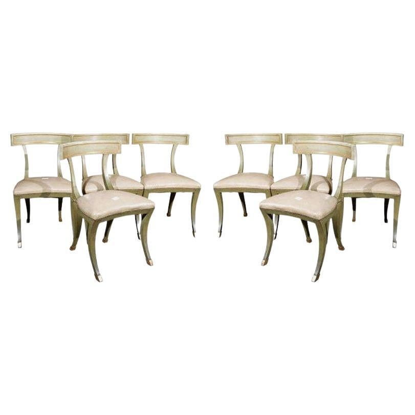 Set of 8 Dining Chairs Stamped Jansen, Painted and Parcel Gilt, Klismos Chairs