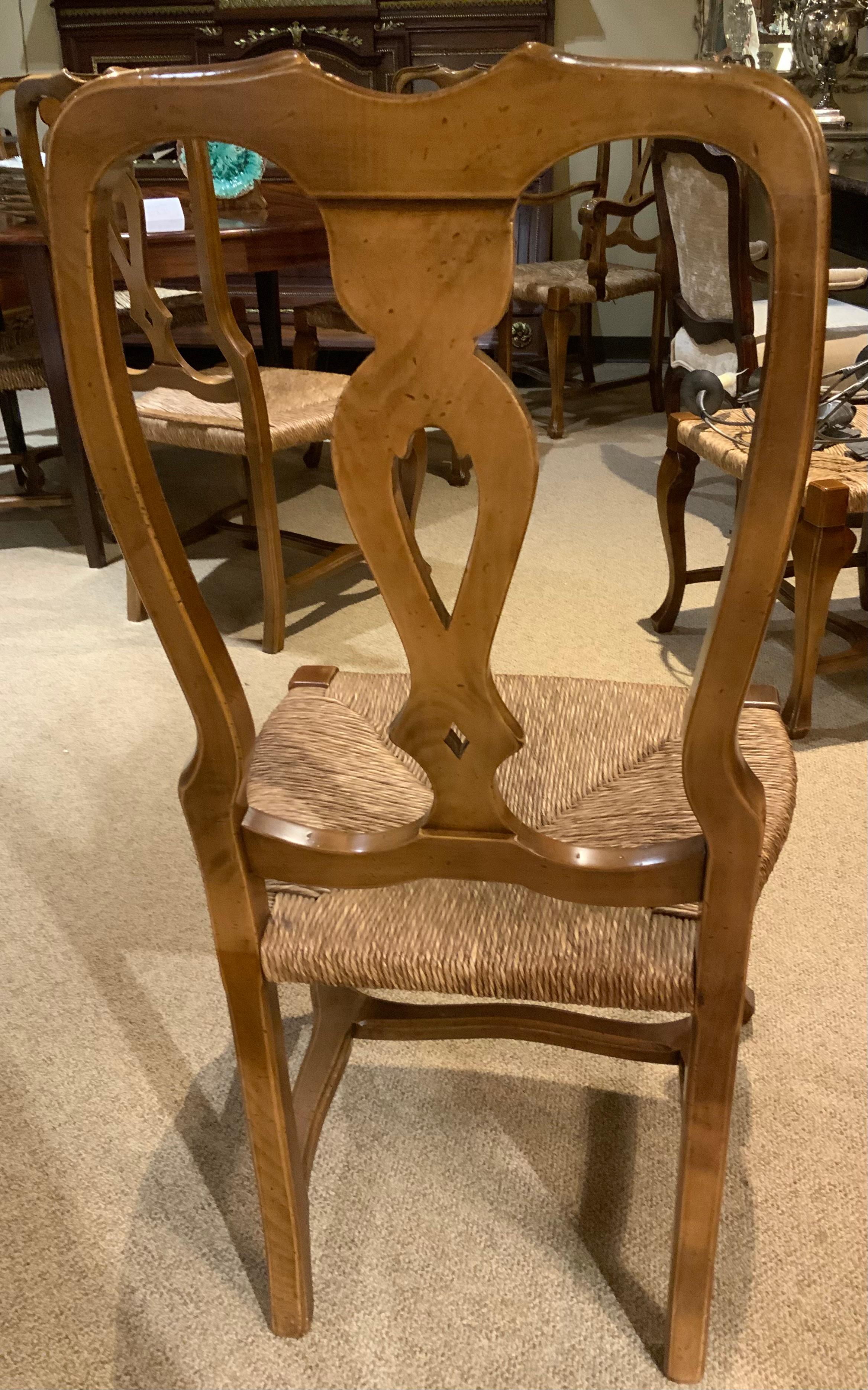 Set of 8 dining chairs with rush seats and high backs In Excellent Condition In Houston, TX