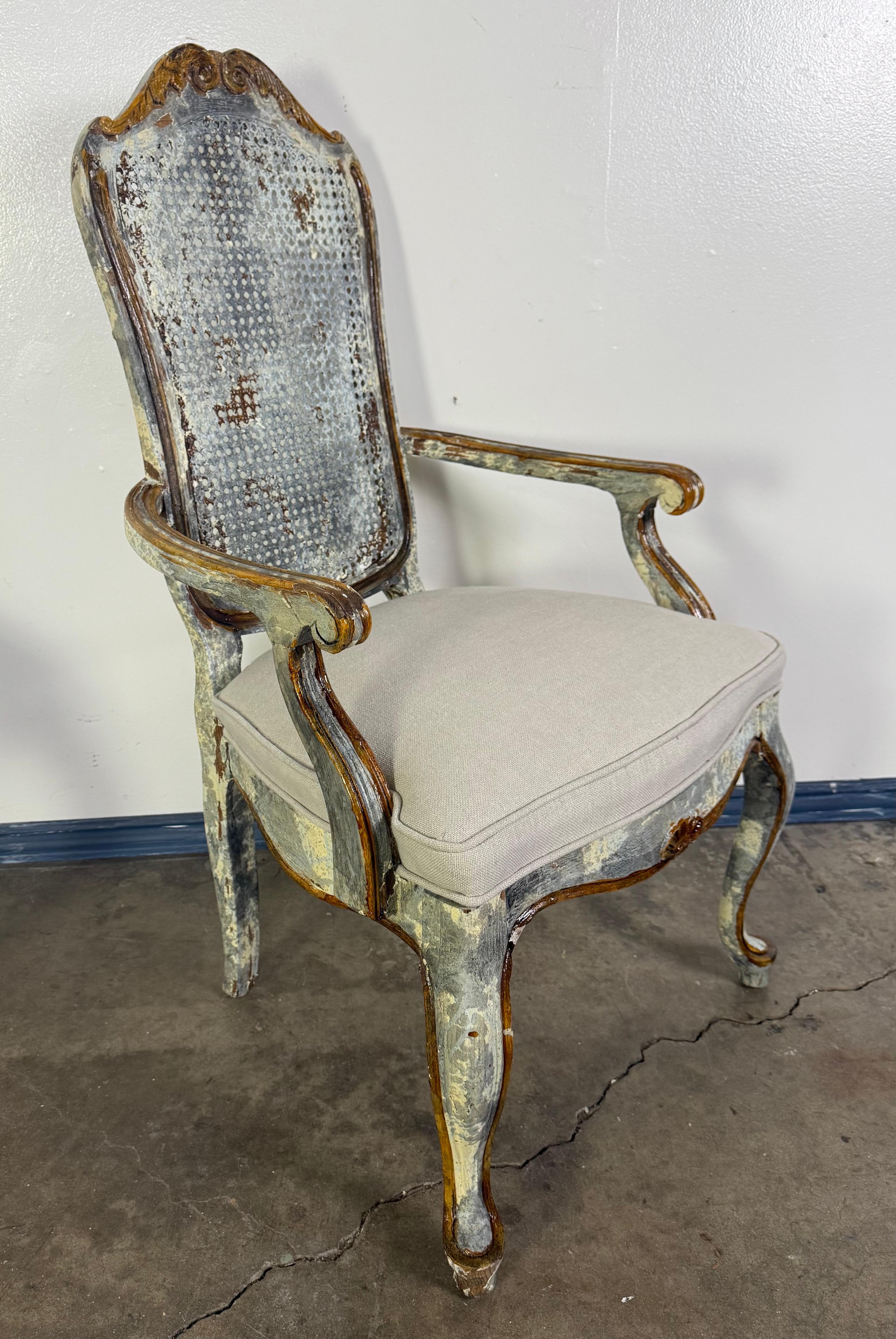 Set of 8 Distressed French Louis XV Style Dining Chairs with Cane Backs For Sale 11