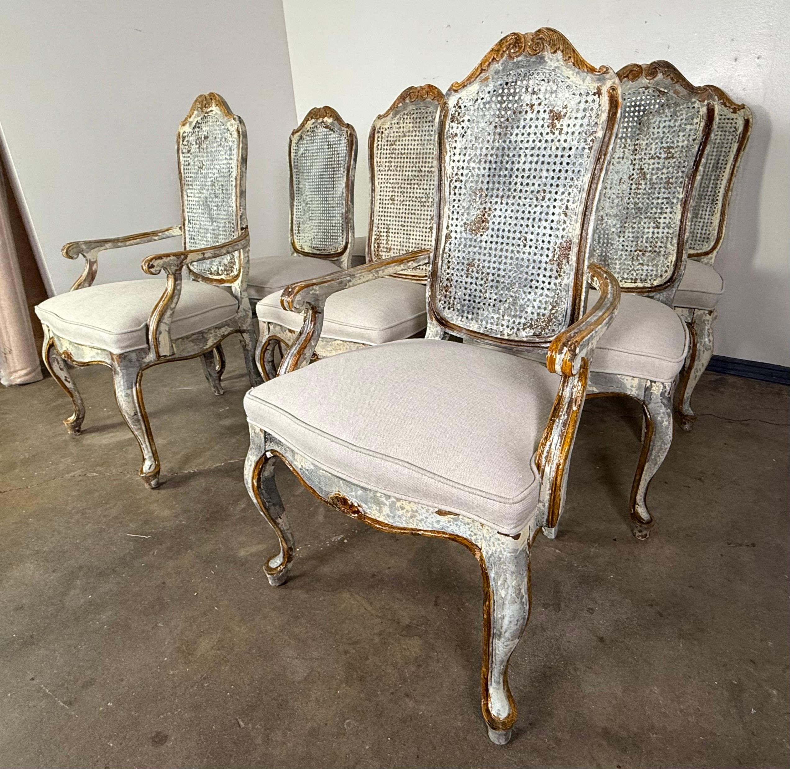 Set of 8 Distressed French Louis XV Style Dining Chairs with Cane Backs In Distressed Condition For Sale In Los Angeles, CA