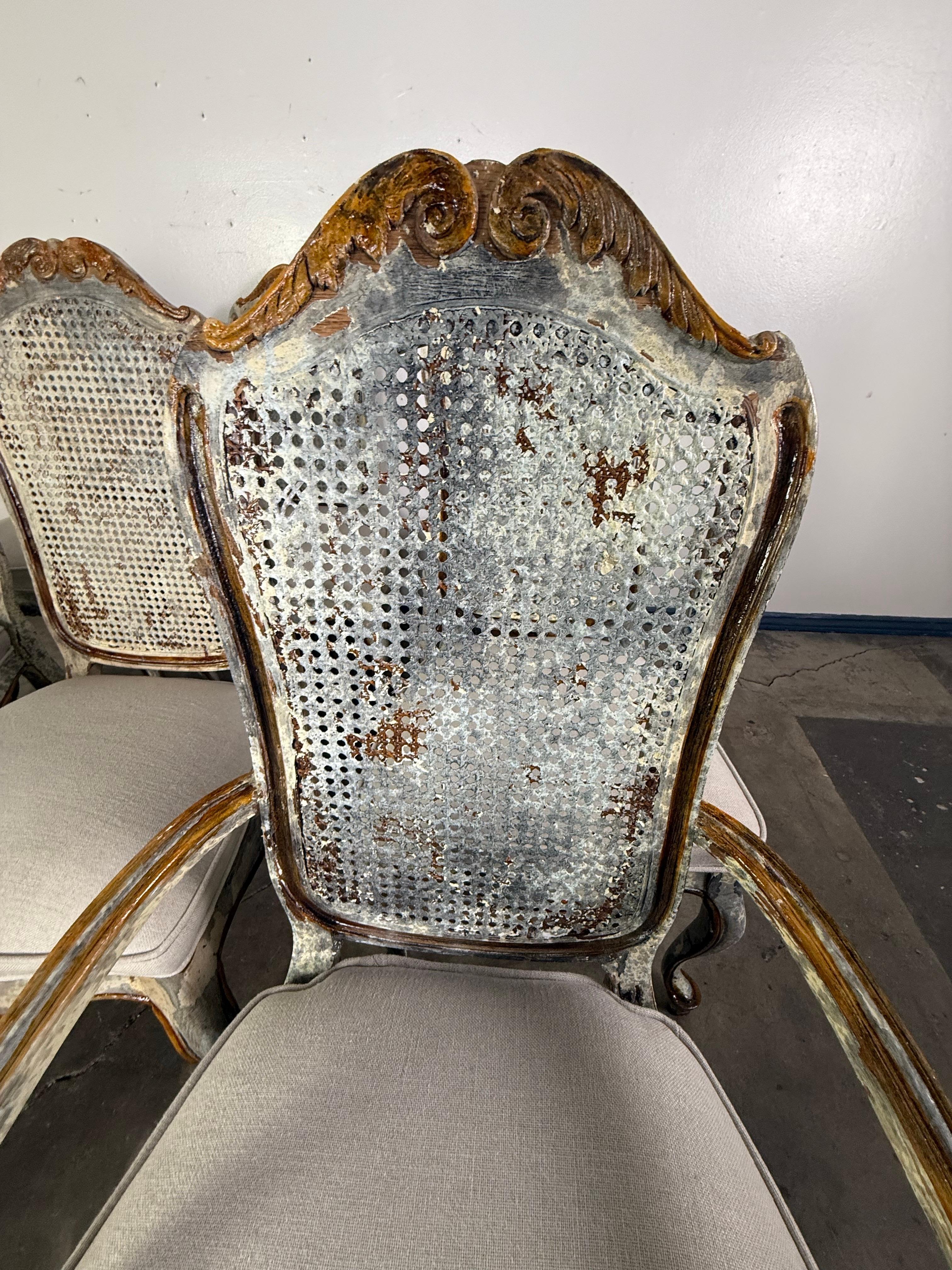 Linen Set of 8 Distressed French Louis XV Style Dining Chairs with Cane Backs For Sale