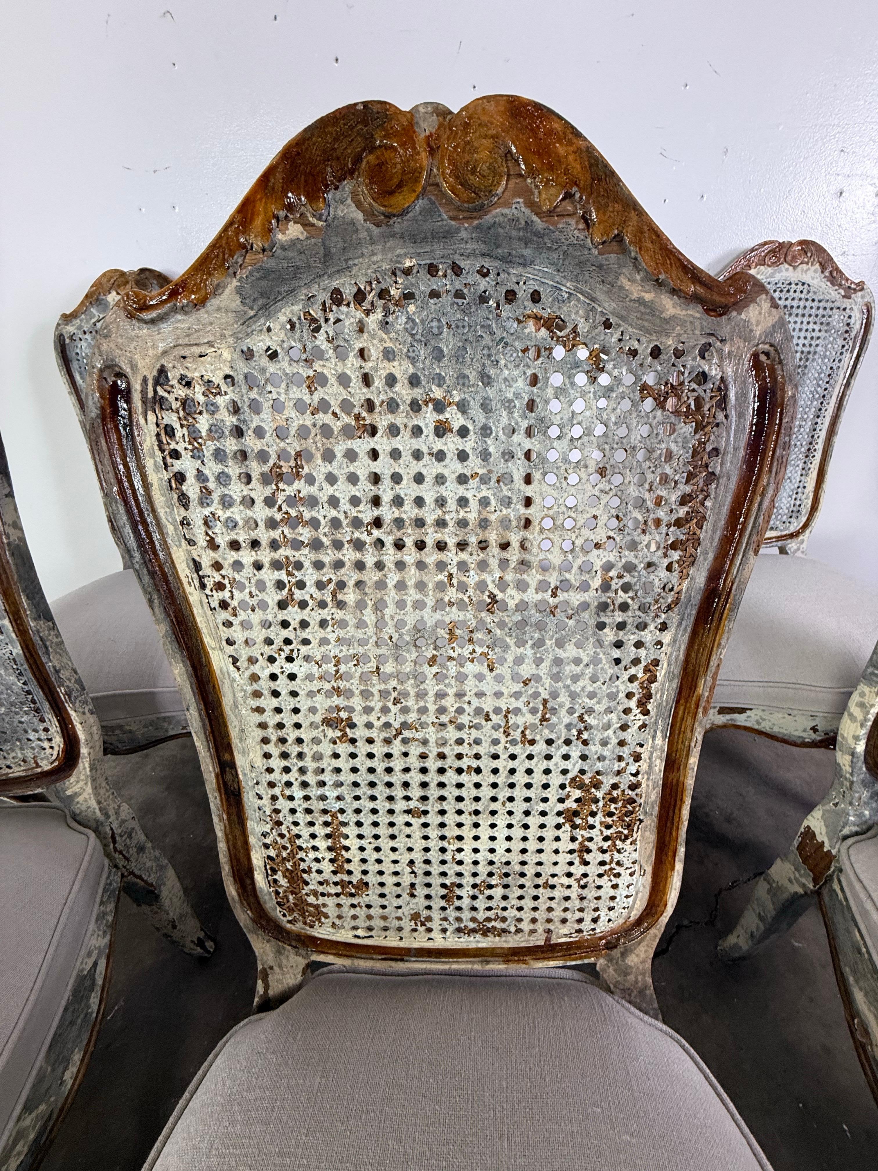Set of 8 Distressed French Louis XV Style Dining Chairs with Cane Backs For Sale 1