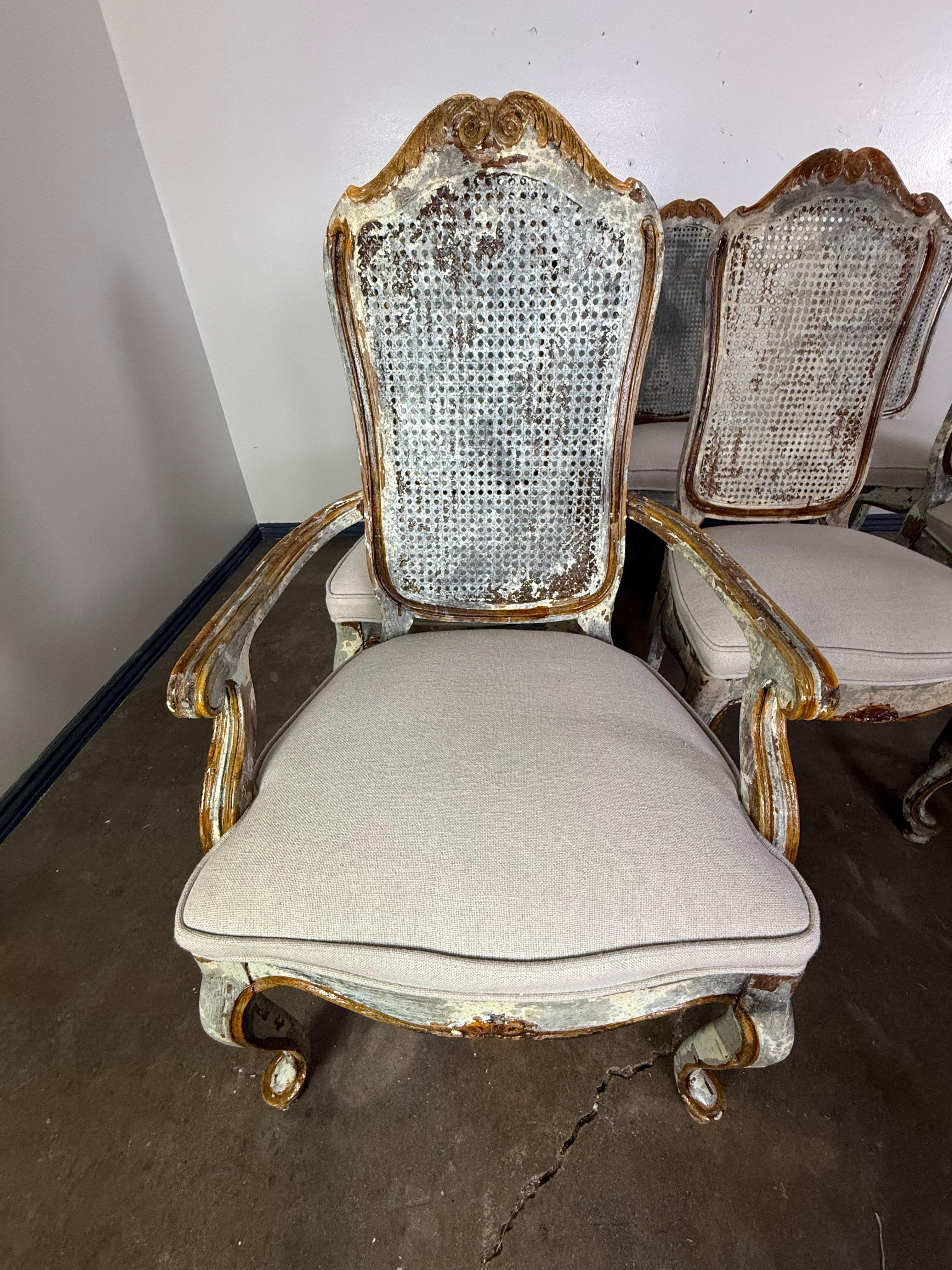 Set of 8 Distressed French Louis XV Style Dining Chairs with Cane Backs For Sale 2
