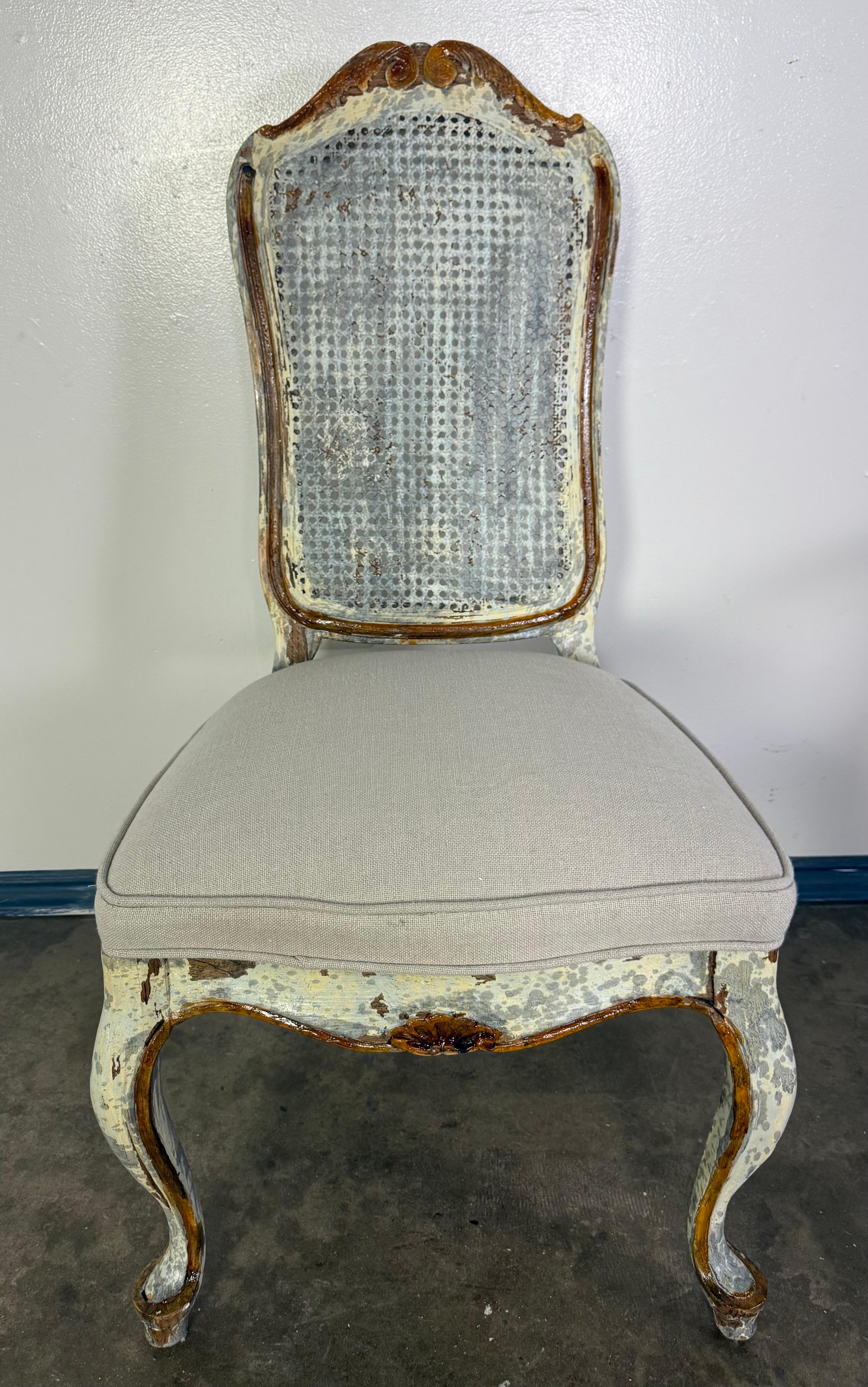 Set of 8 Distressed French Louis XV Style Dining Chairs with Cane Backs For Sale 3
