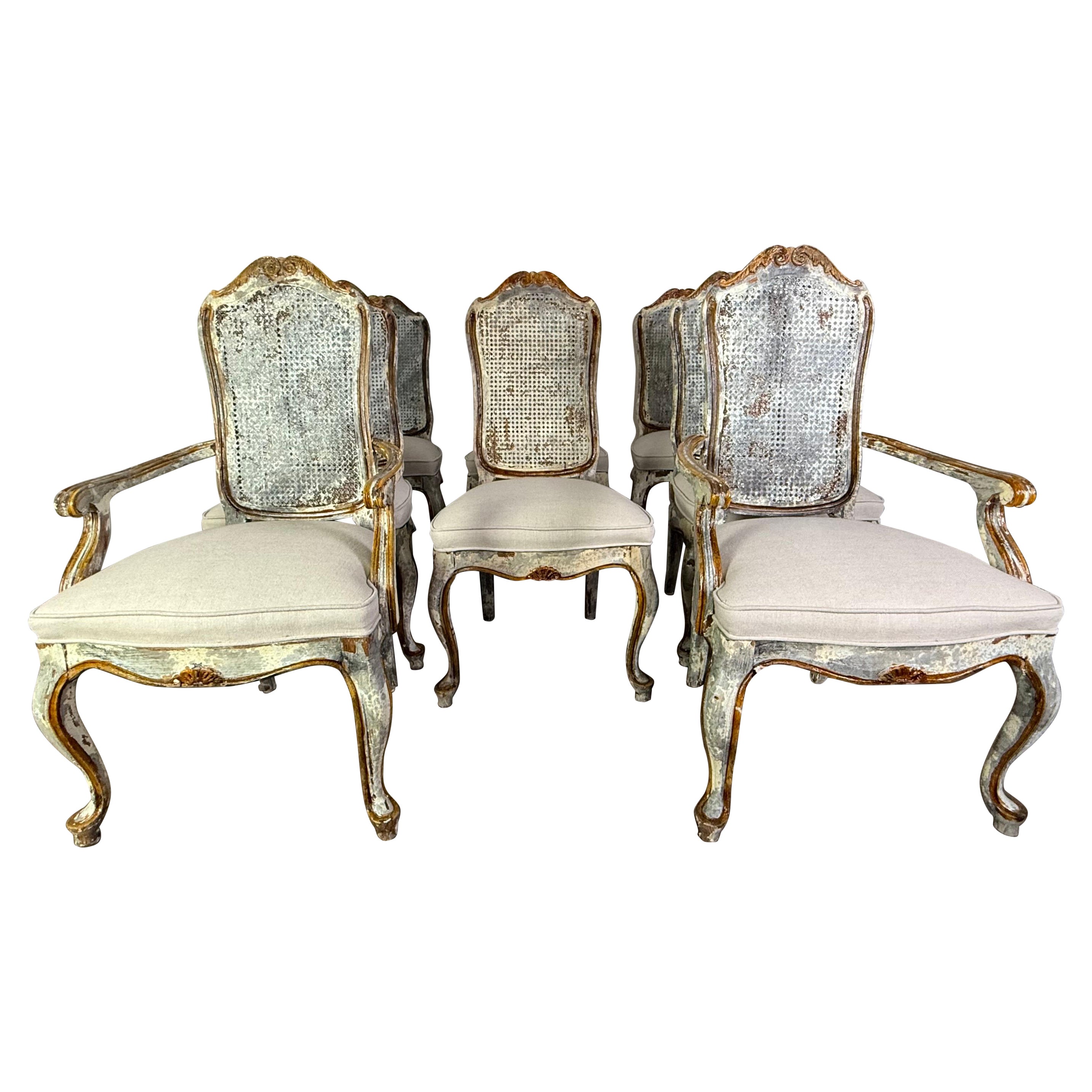 Set of 8 Distressed French Louis XV Style Dining Chairs with Cane Backs For Sale