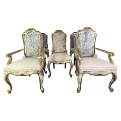 Antique Set of 8 Distressed French Louis XV Style Dining Chairs with Cane Backs
