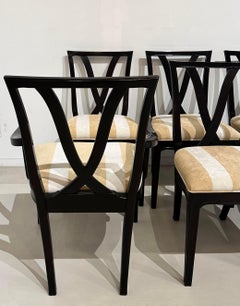 Set of 8 Dorothy Draper Black Lacquer Dining Chairs W Scalamandre Stripe