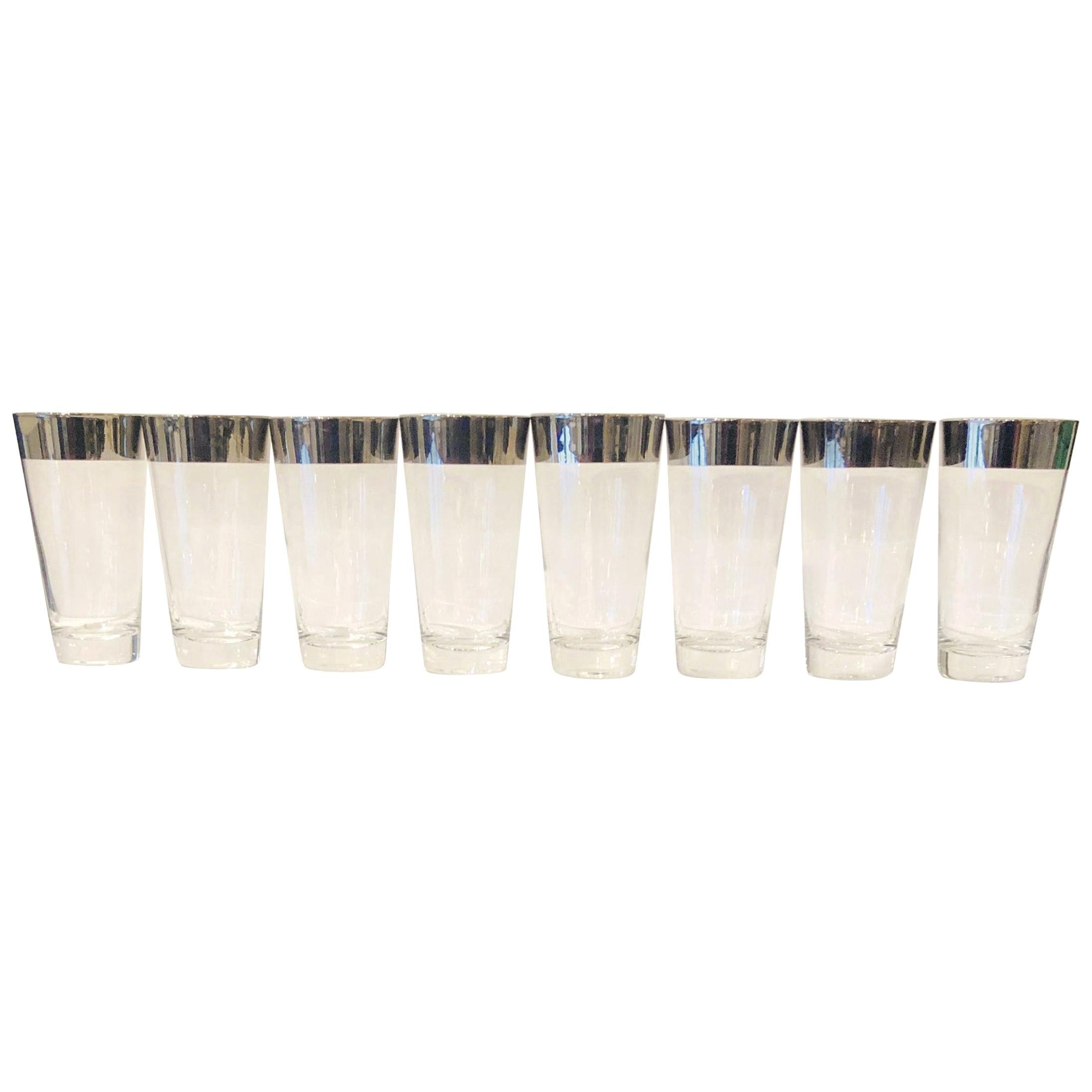 Set of 8 Dorothy Thorpe Clear w/ Silver Overlay Band High Ball Cocktail Glasses For Sale