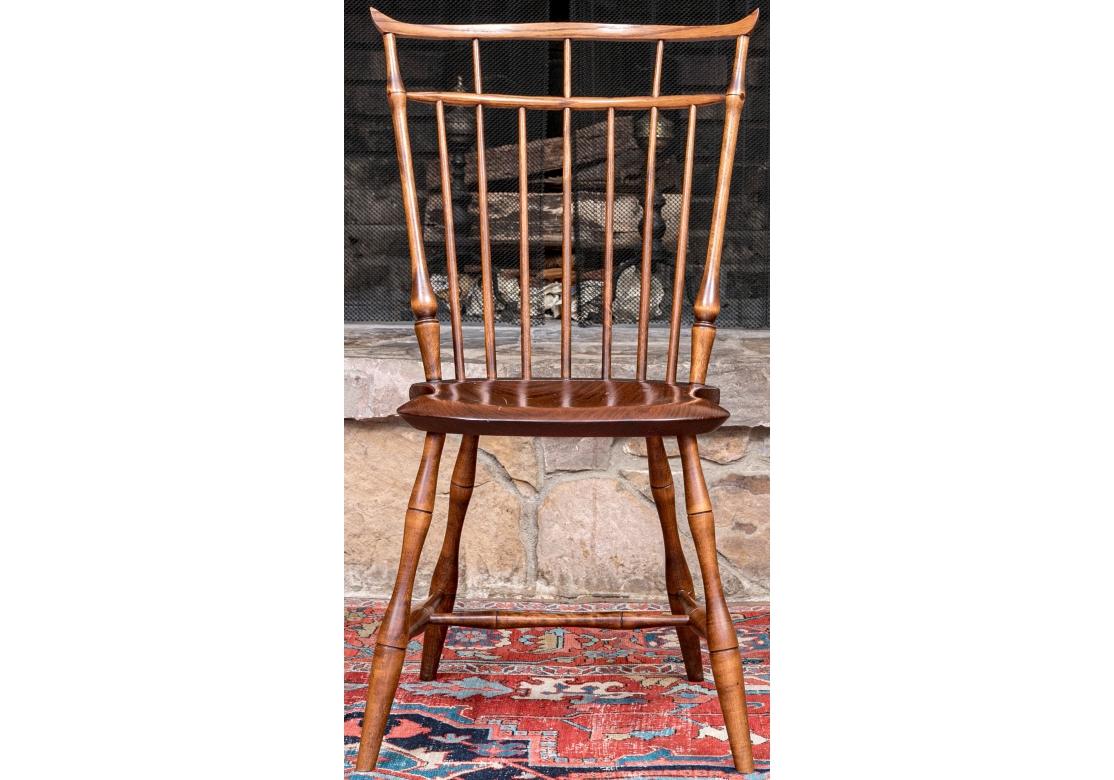 Fine set of  8 classic windsor design with slatted back and geometric form cresting rail. The chairs with slight saddle seat and resting on turned legs with a conforming H-form stretcher. Fine finish with exposed peg construction.
Dimensions: 
Arm