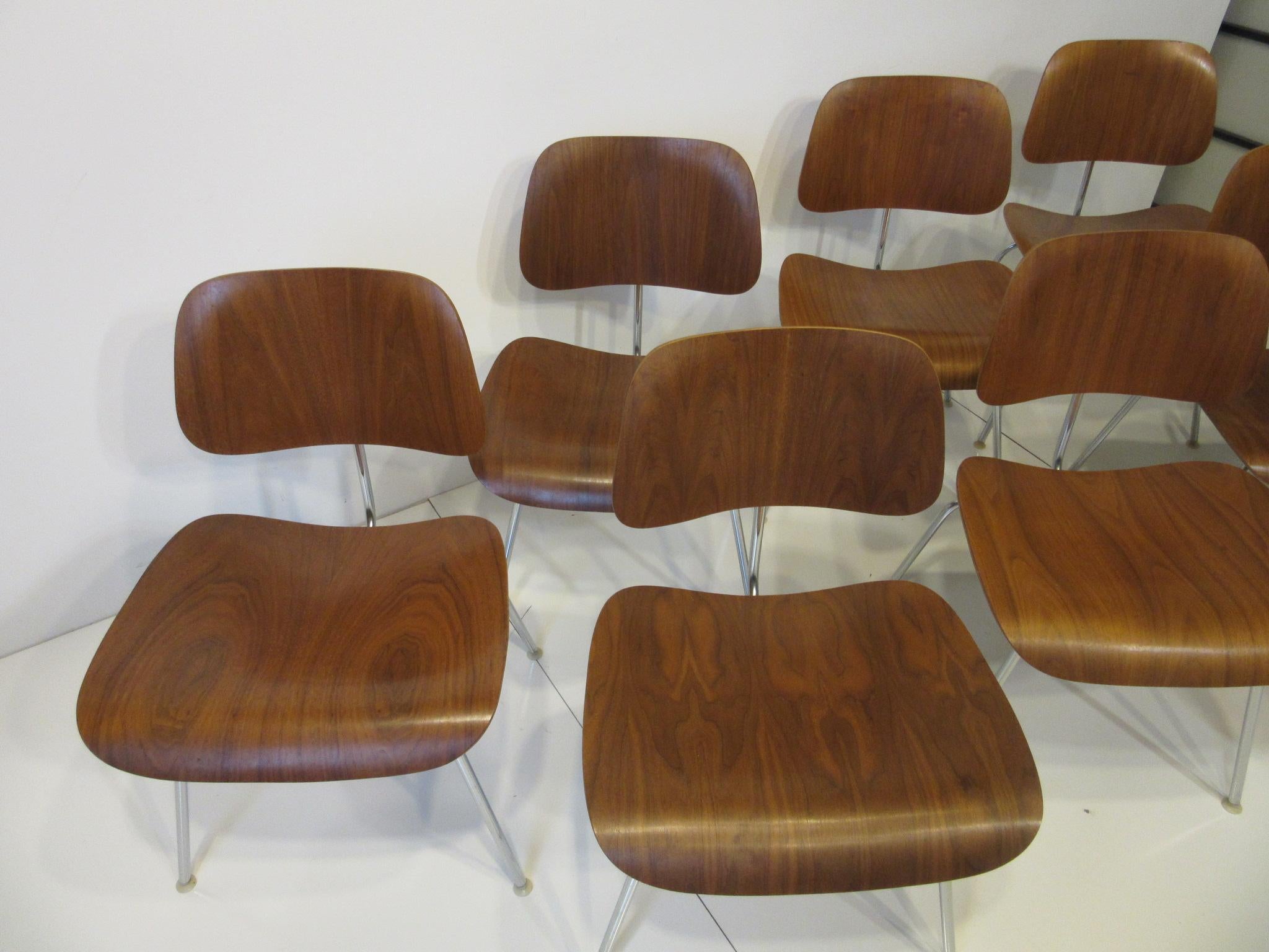 20th Century Set of 8 Eames Walnut DCM 'Dining Chairs Metal' by Herman Miller