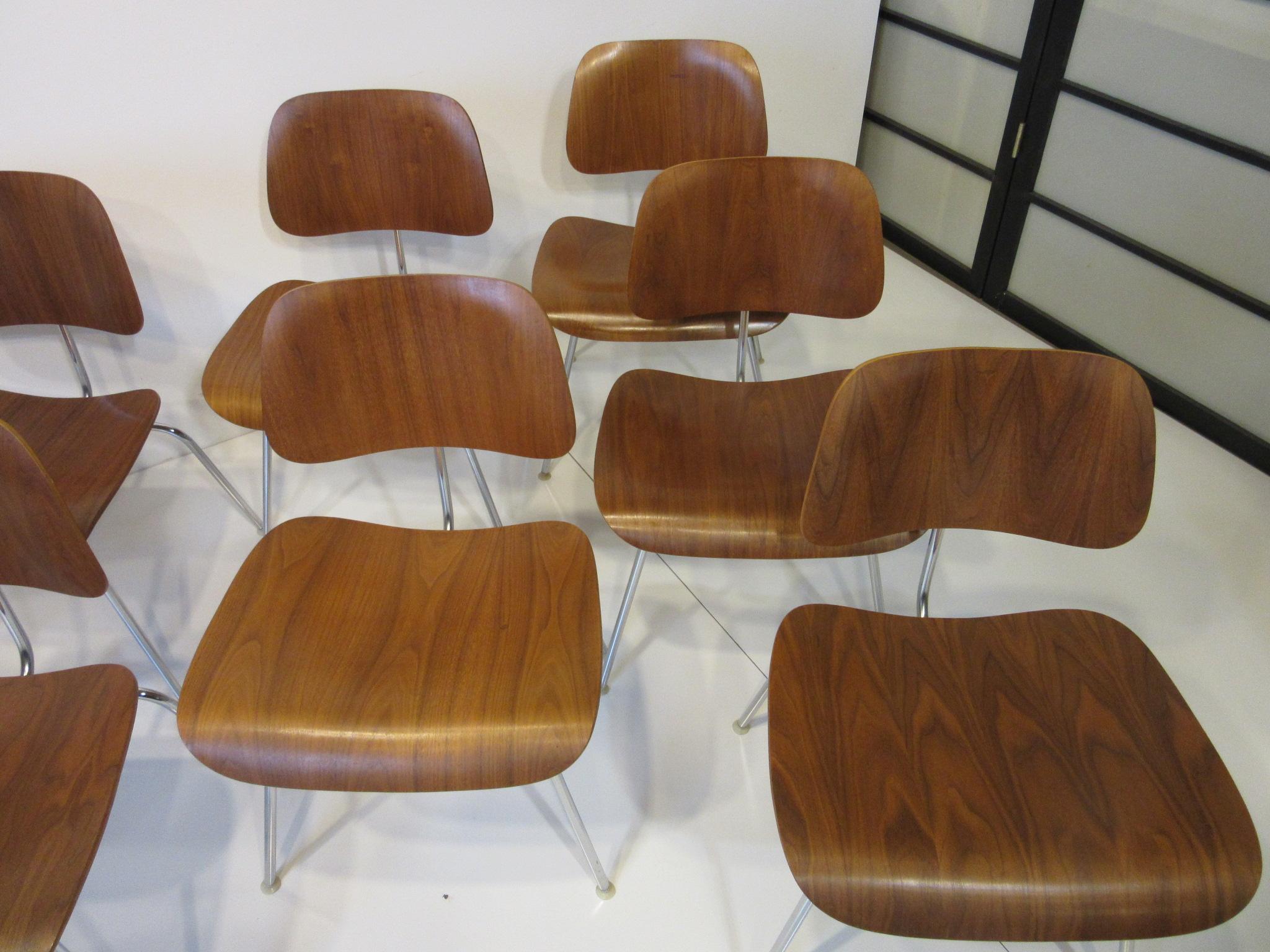 Set of 8 Eames Walnut DCM 'Dining Chairs Metal' by Herman Miller 1