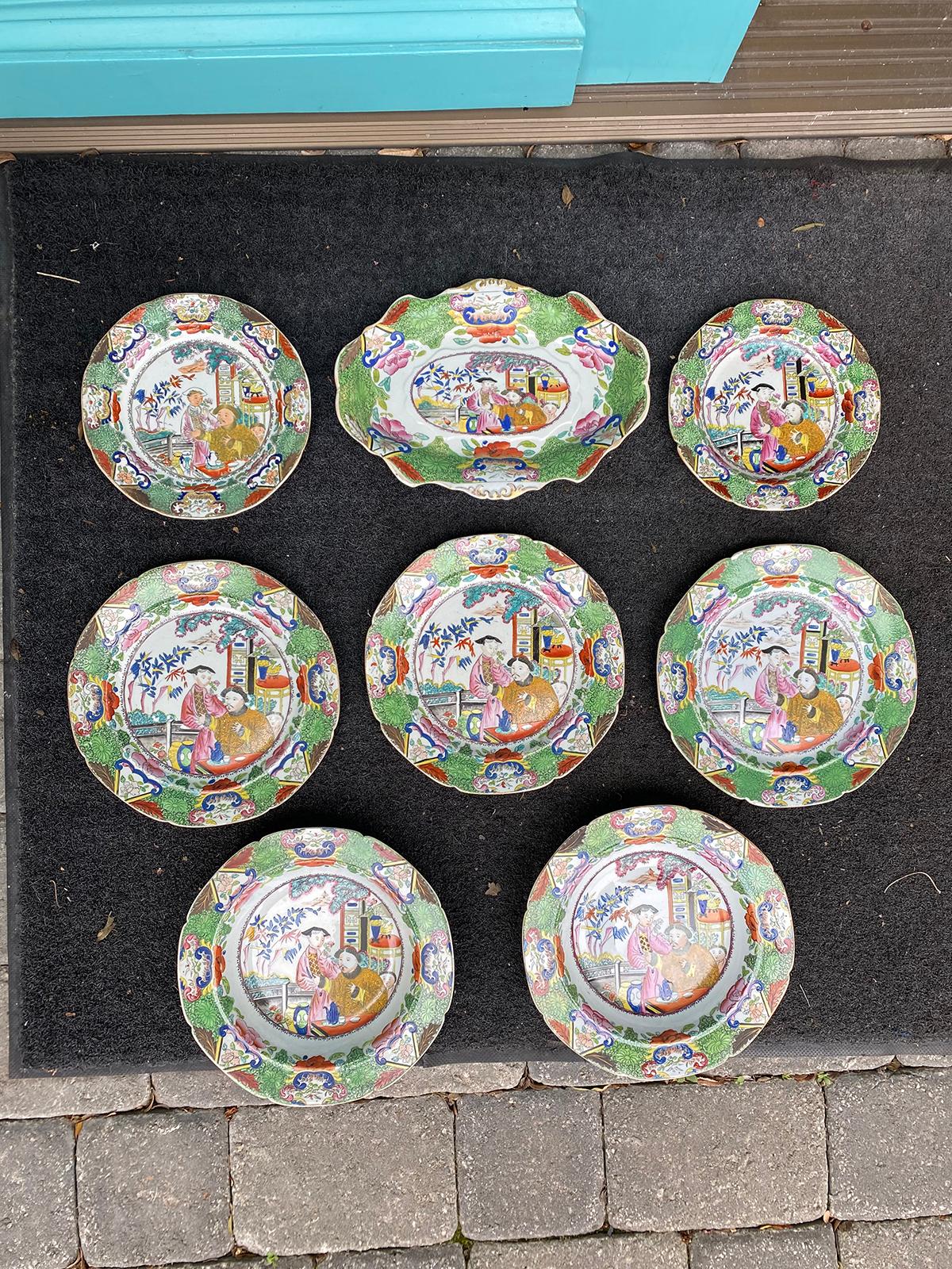 Set of Eight Early 19th Century Circa 1800 English Mason's Enameled Ironstone China Plates in Mandarin pattern. All marked. 
Dimensions:
Oval dish with gilt edges:11