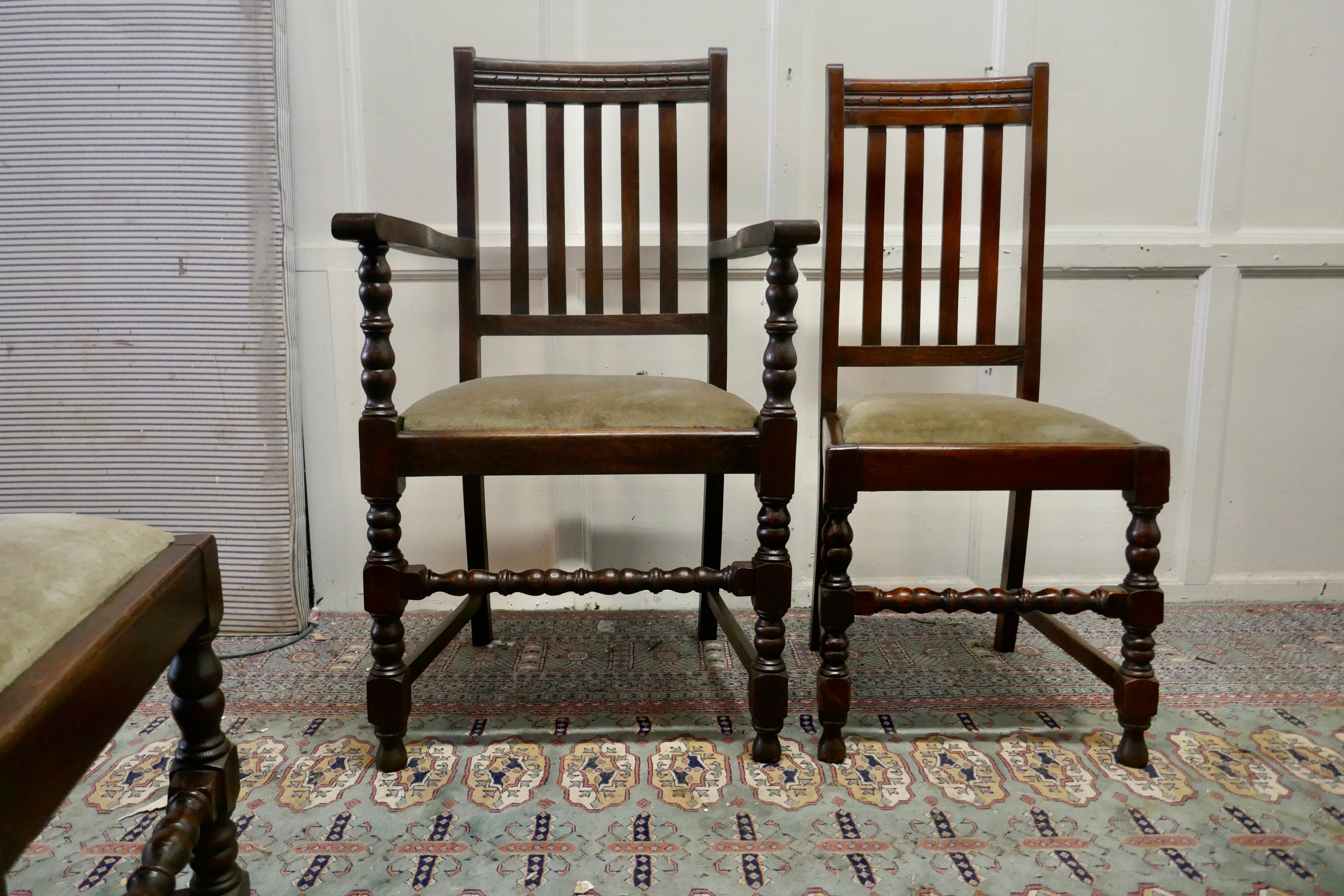Arts and Crafts Set of 8 Early 20th Century Country Oak Dining Chairs
