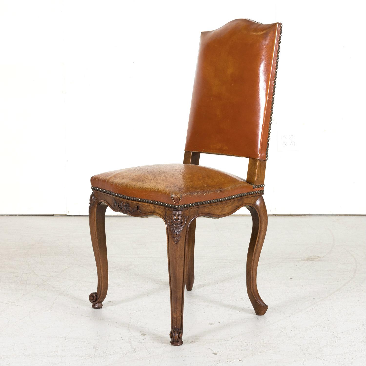 Set of 8 Early 20th Century French Louis XV Style Walnut and Leather Side Chairs 10