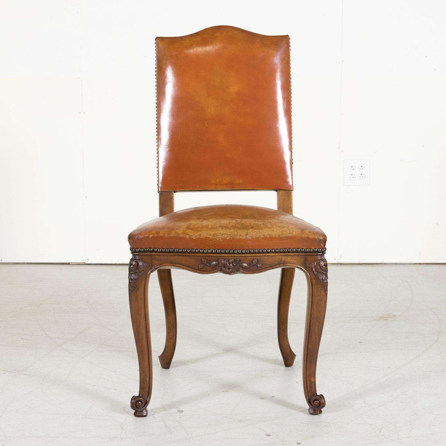 Set of 8 Early 20th Century French Louis XV Style Walnut and Leather Side Chairs 2