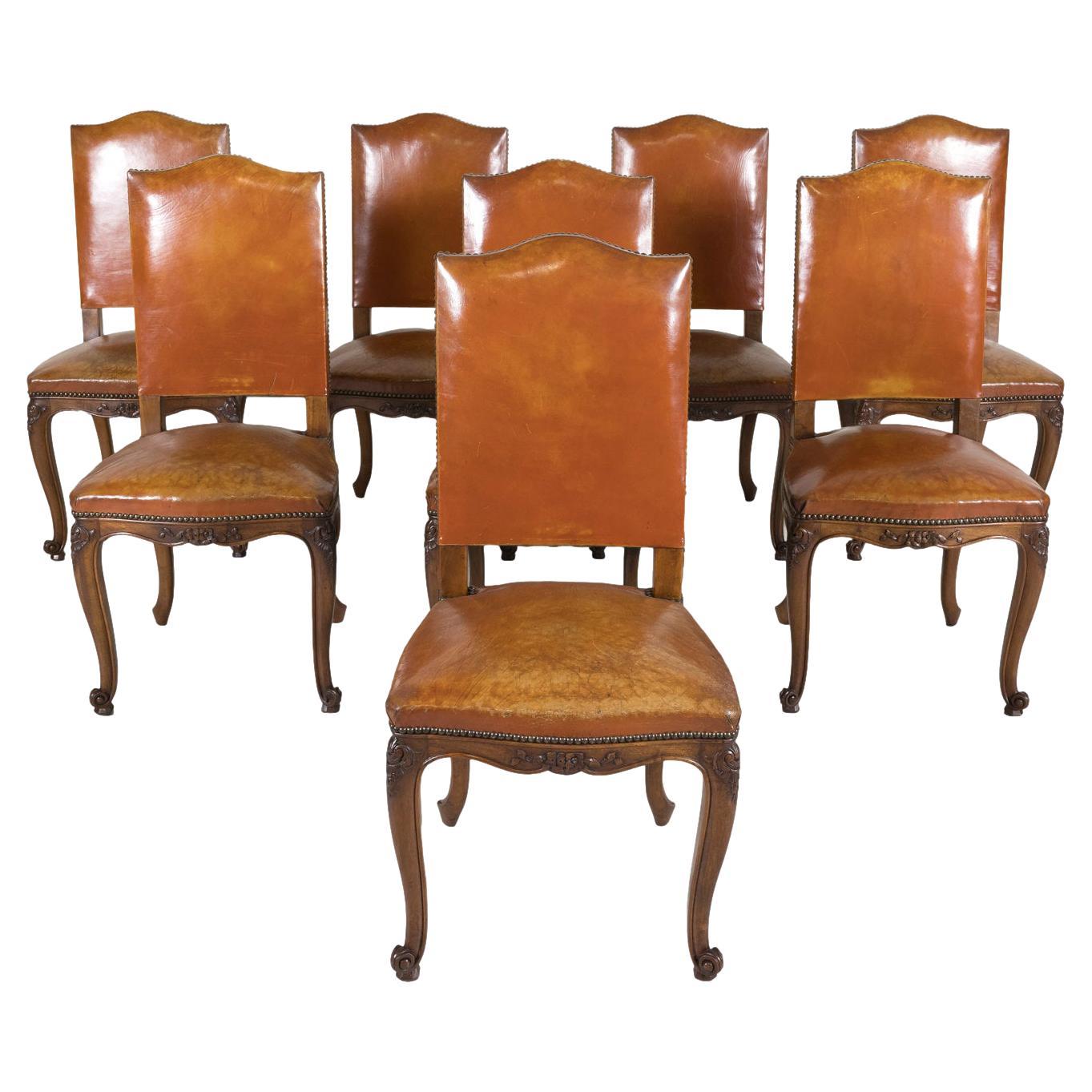 Set of 8 Early 20th Century French Louis XV Style Walnut and Leather Side Chairs
