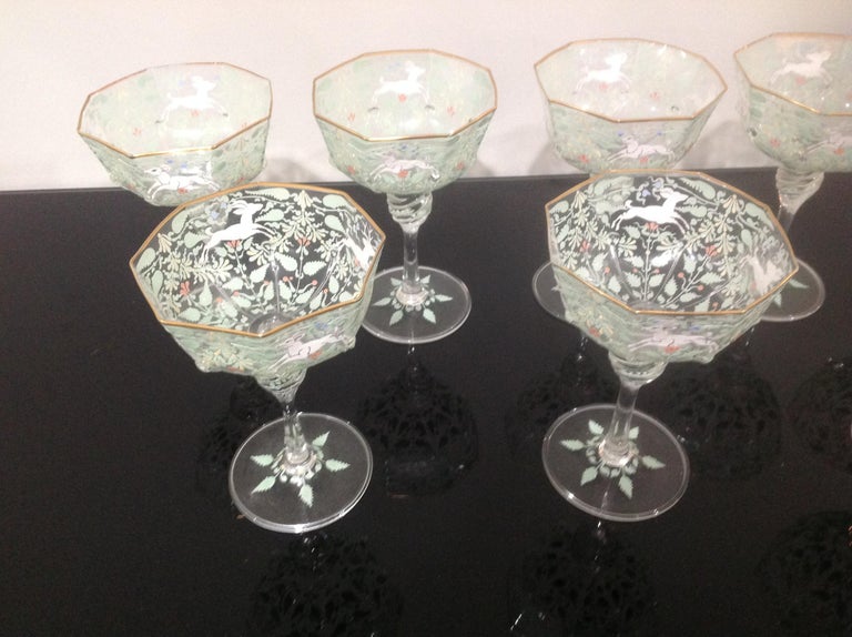 Set of 8 Early Murano Glass Champagne Glasses with Intricate
