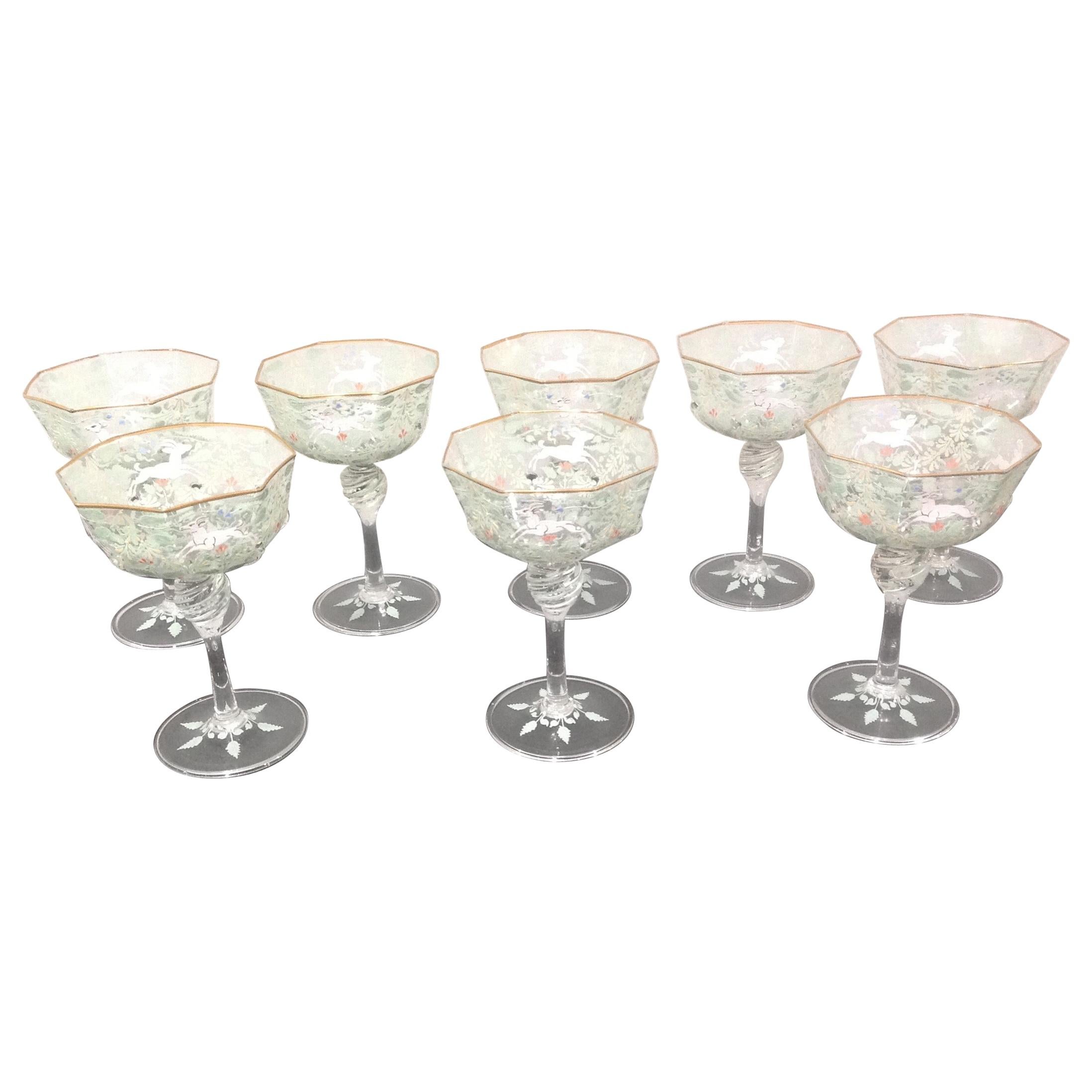 Set of 8 Early Murano Glass Champagne Glasses with Intricate