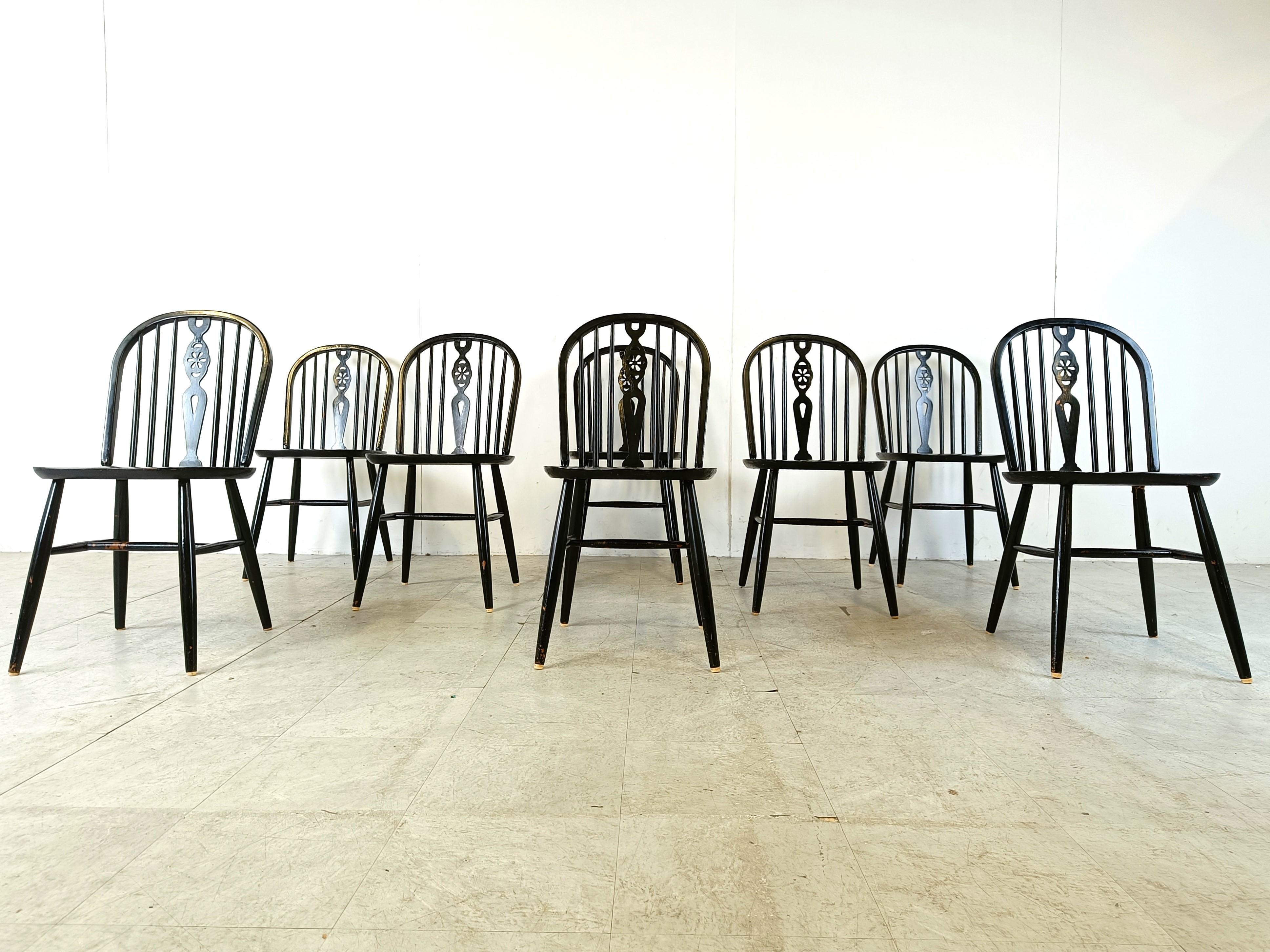 British Set of 8 ebonized Ercol Dining Chairs , 1950's