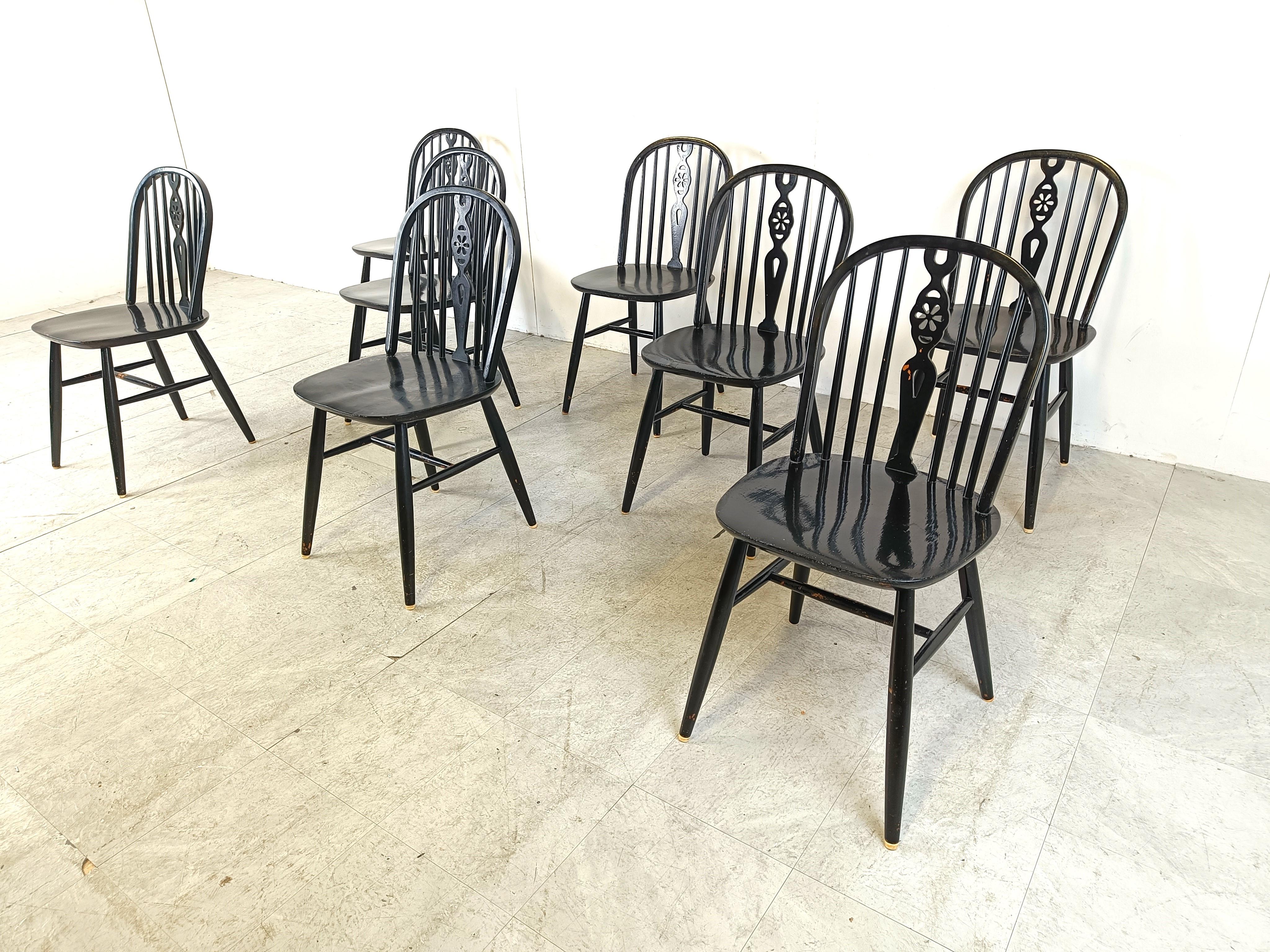 Ebonized Set of 8 ebonized Ercol Dining Chairs , 1950's
