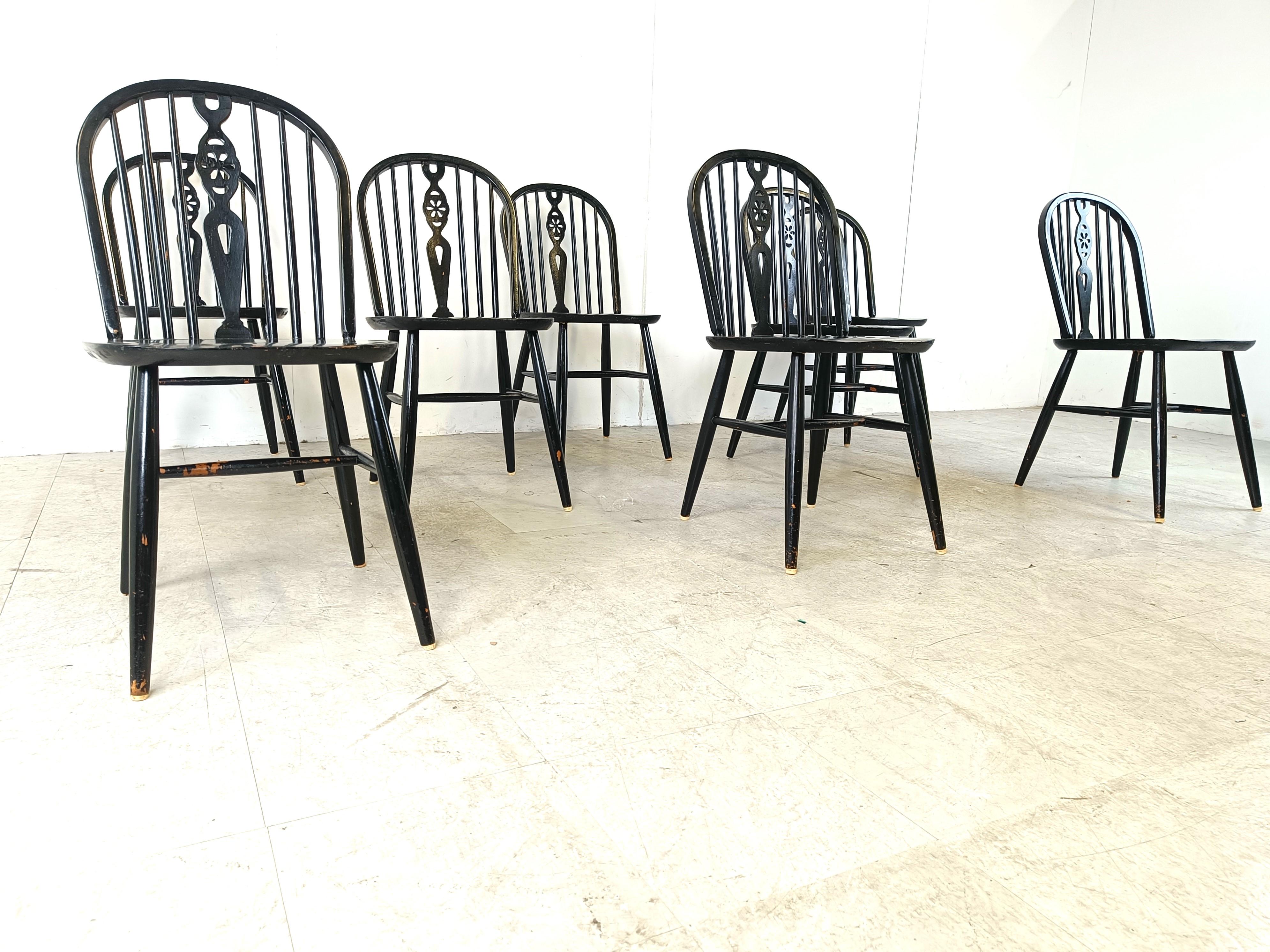 Wood Set of 8 ebonized Ercol Dining Chairs , 1950's For Sale