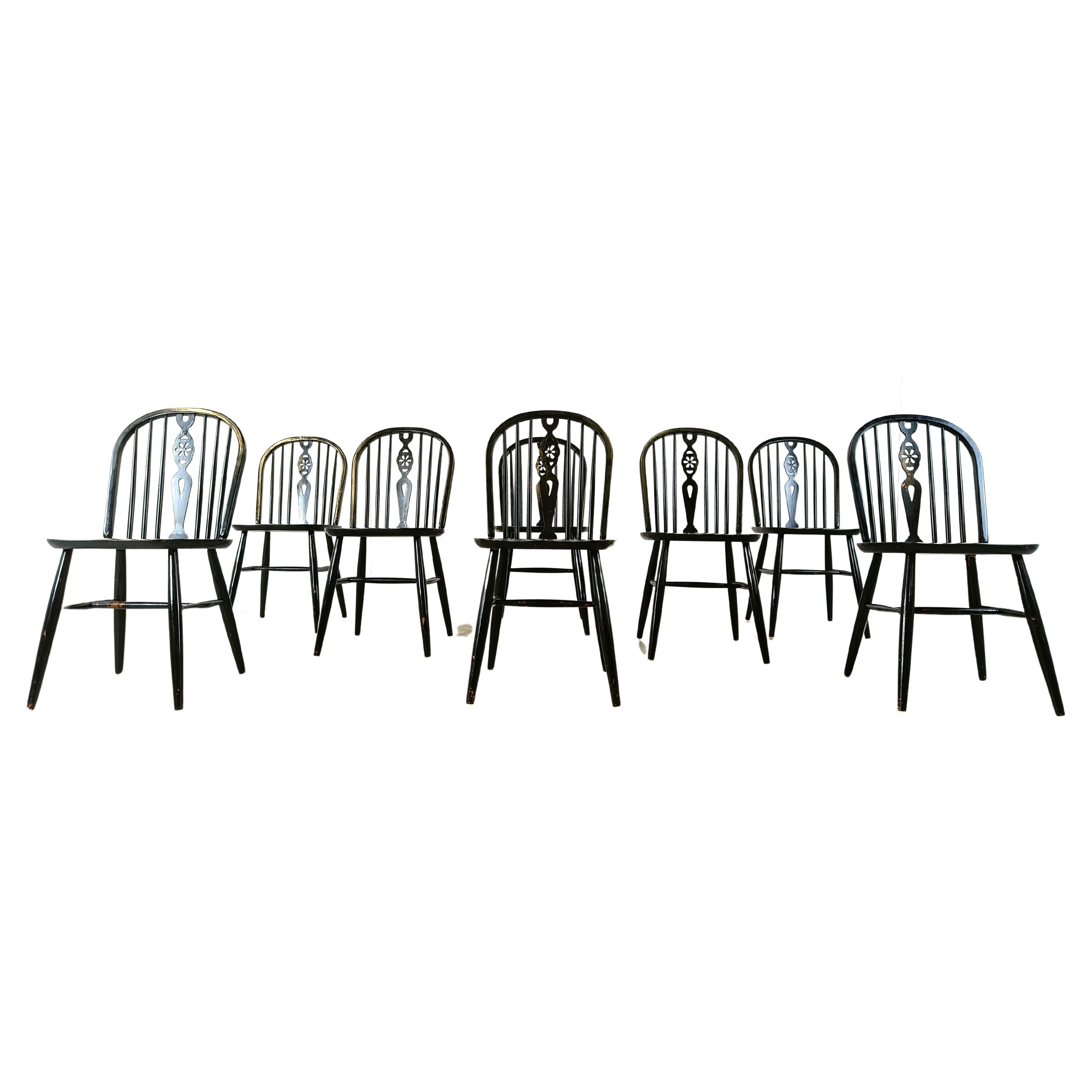 Set of 8 ebonized Ercol Dining Chairs , 1950's For Sale