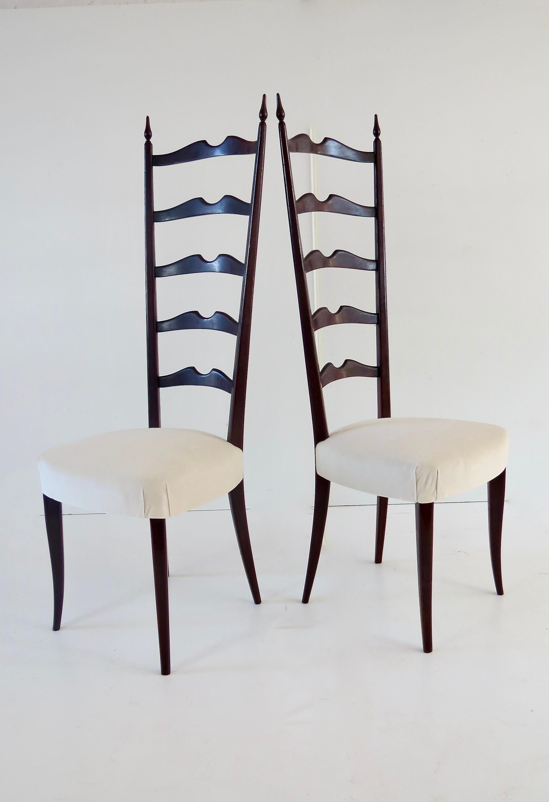 Mid-Century Modern Set of 8 Ebonized Velvet High Back Chiavari Dining Chairs by Paolo Buffa, 1950