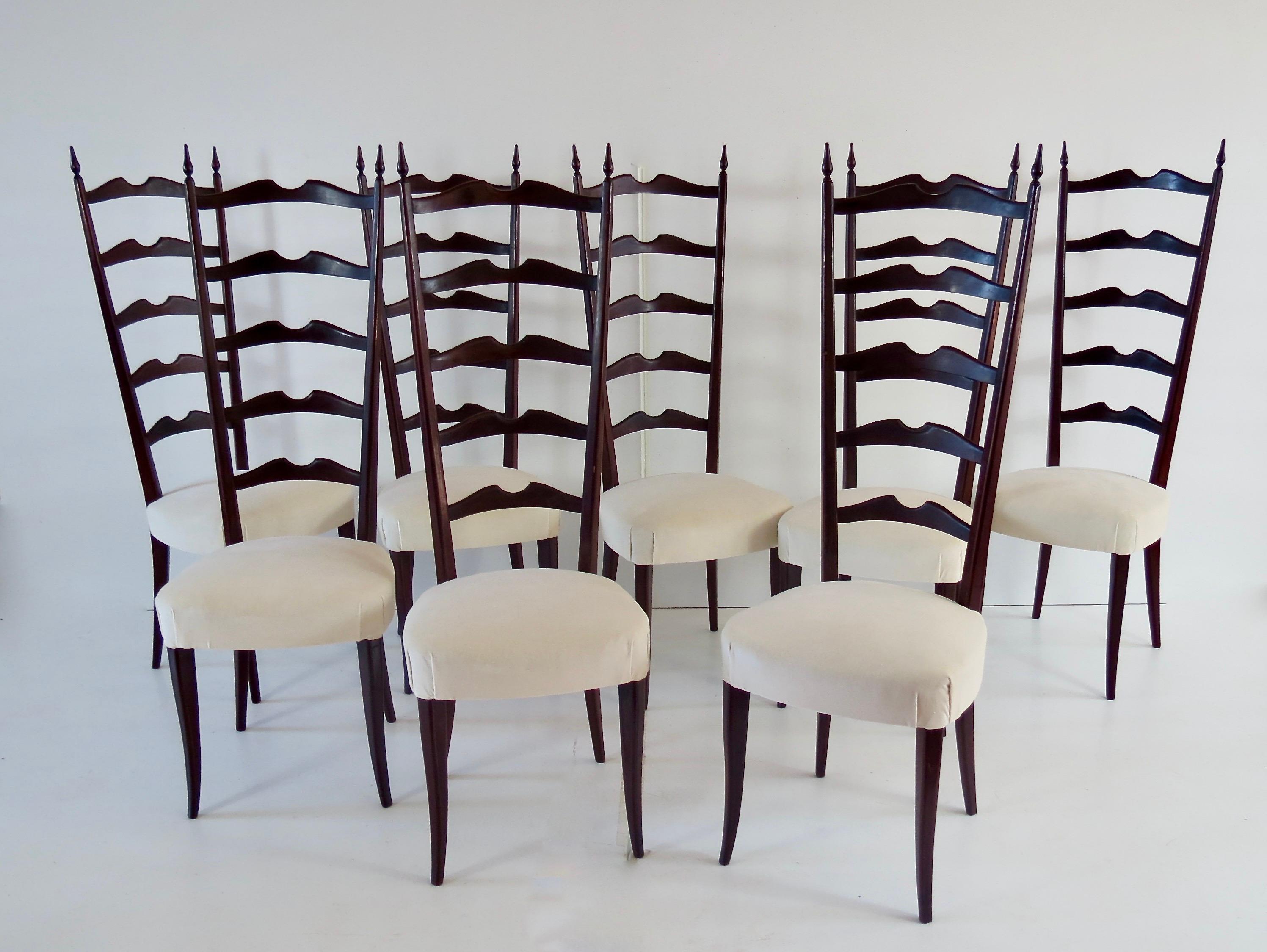 Mid-20th Century Set of 8 Ebonized Velvet High Back Chiavari Dining Chairs by Paolo Buffa, 1950