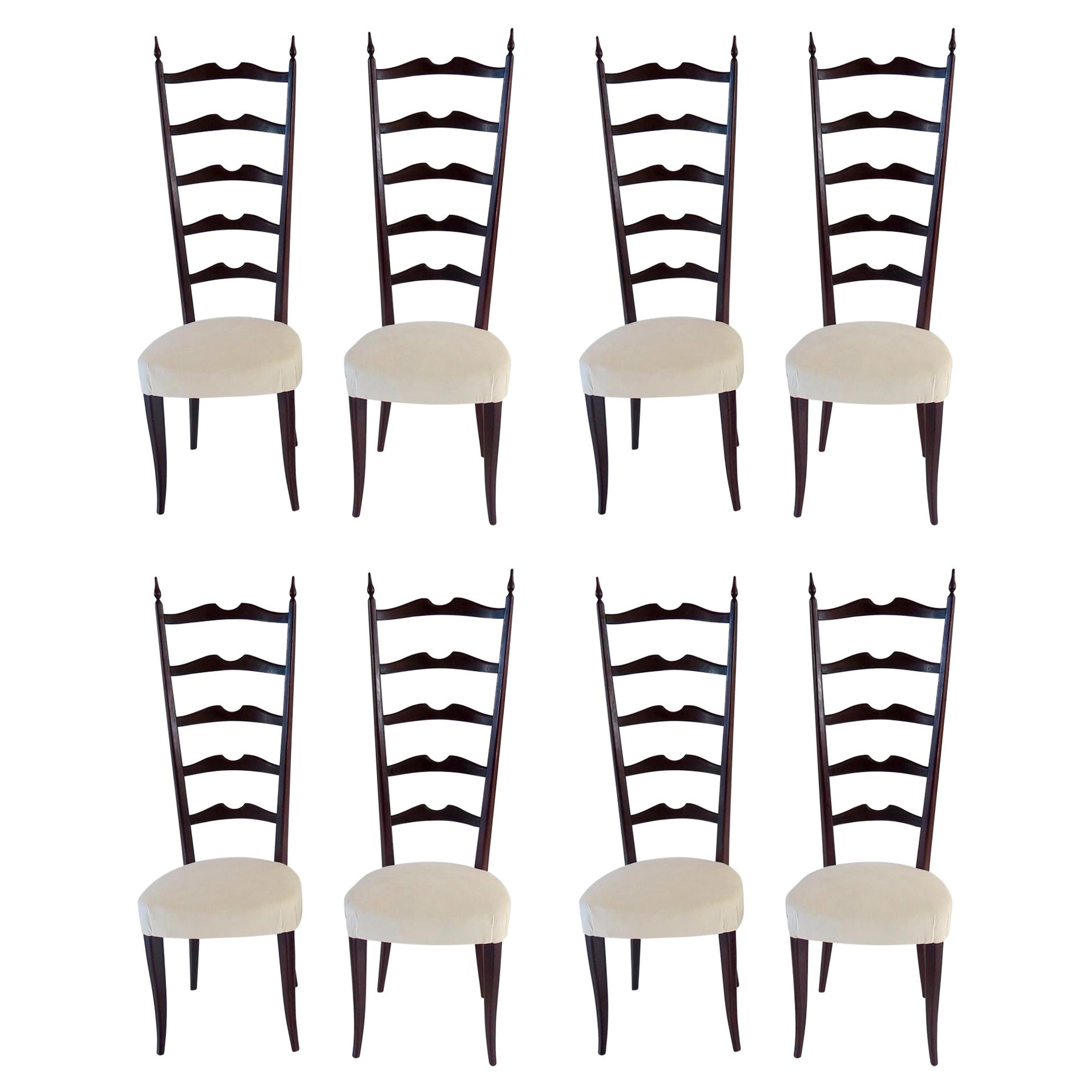 Set di 8 sedie da pranzo Chiavari con schienale alto in velluto ebanizzato di Paolo Buffa, 1950 in vendita