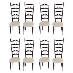 Set of 8 Ebonized Velvet High Back Chiavari Dining Chairs by Paolo Buffa, 1950