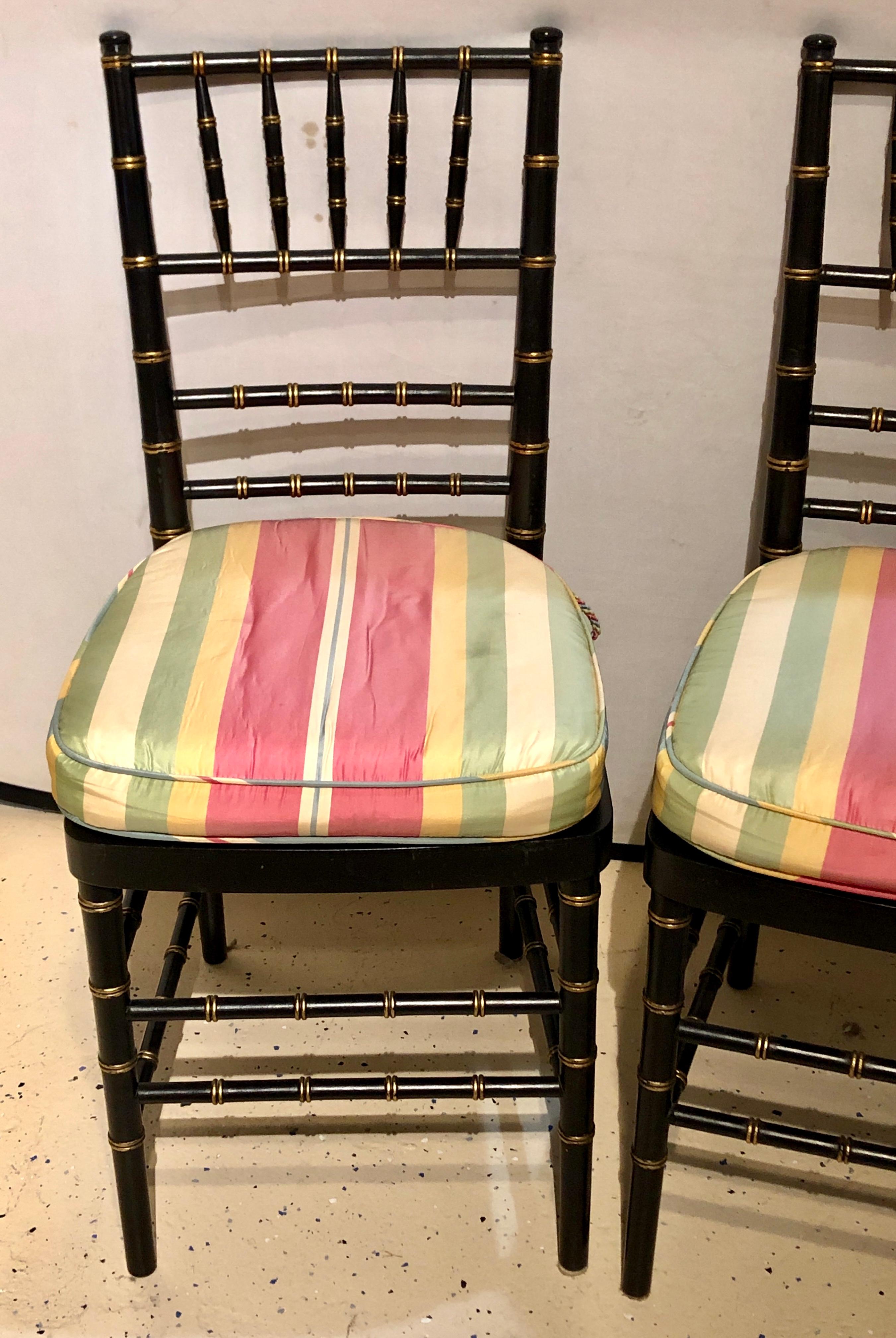 Hollywood Regency Set of 8 Ebony and Gilt Bamboo Style Side or Dining Chairs