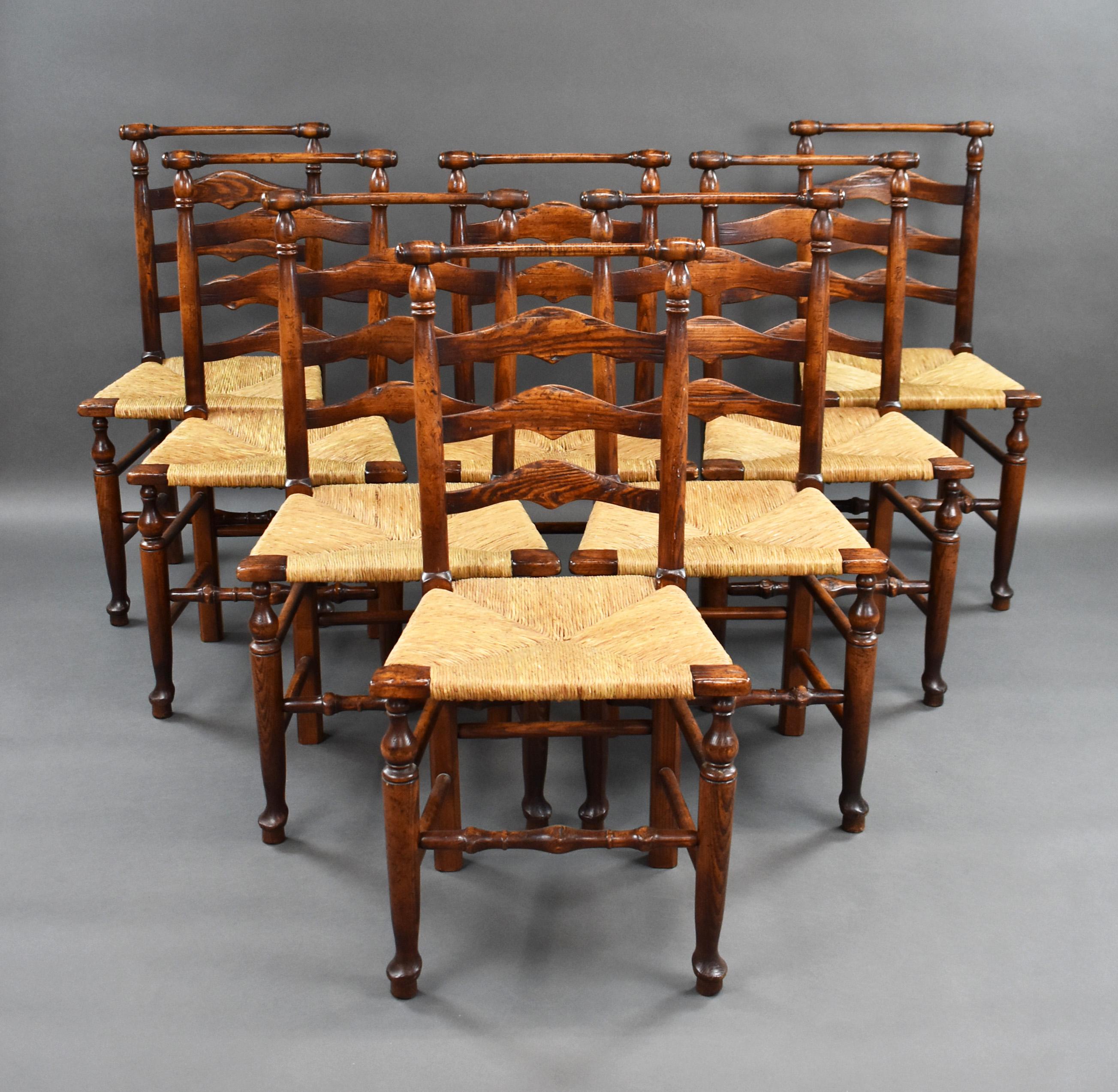 For sale is a good quality set of 18th century style ladder back dining chairs, each with a caned seat and turned understructure. All of the chairs are in very good condition for their age. 

Width: 47cm Depth: 40cm Height: 93cm