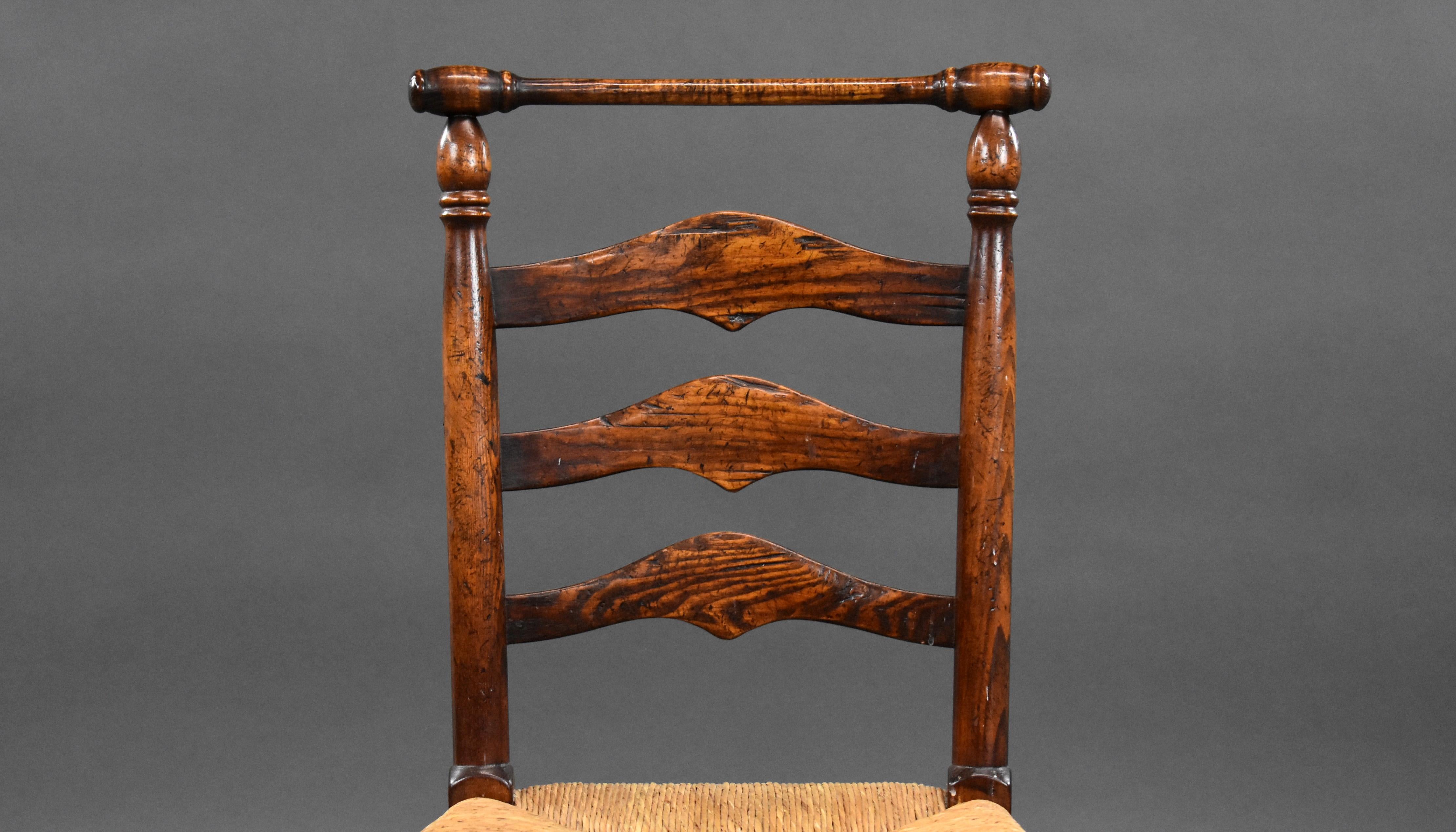 Oak Set of 8 English 18th Century Style Ladder Back Dining Chairs
