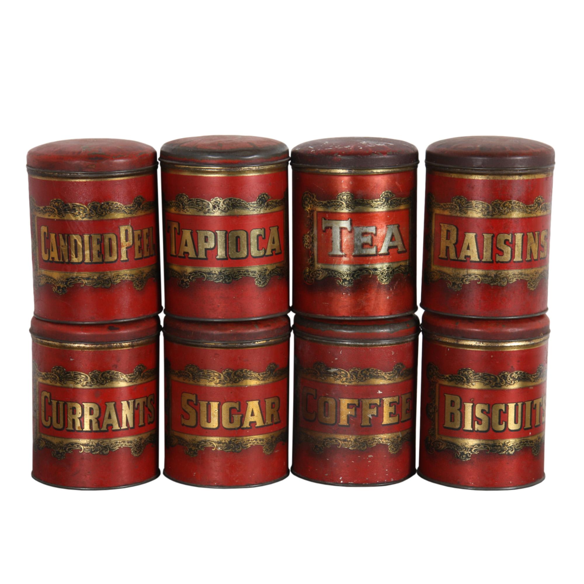 Metal Set of 8 English 19th Century Kitchen Storage Tins For Sale