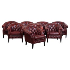 Set of 8 English Cowhide Leather Chesterfield Club Chairs in a Red Color