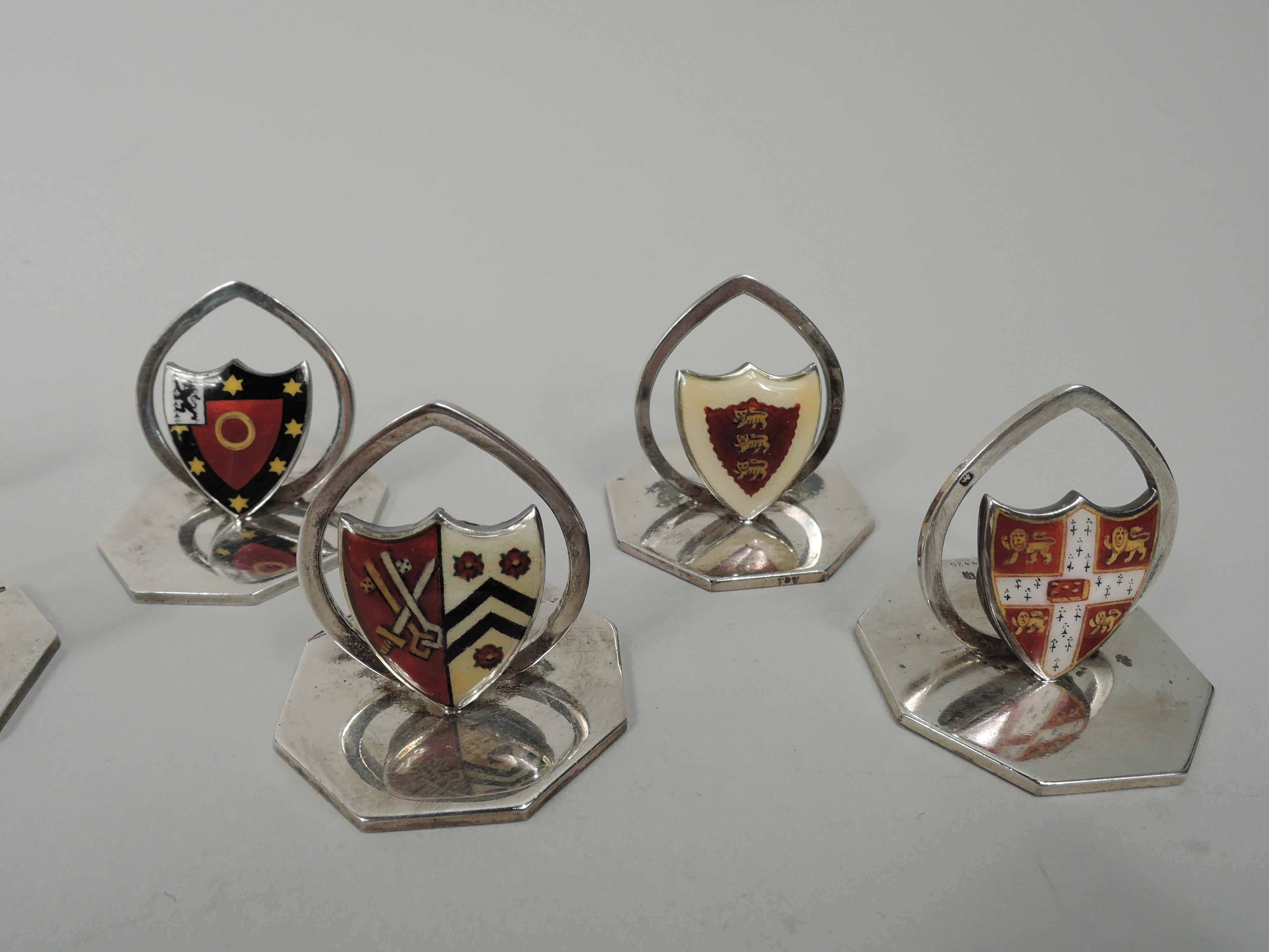 Edwardian Set of 8 English Enamel Ennobling Armorial Place Card Holders For Sale