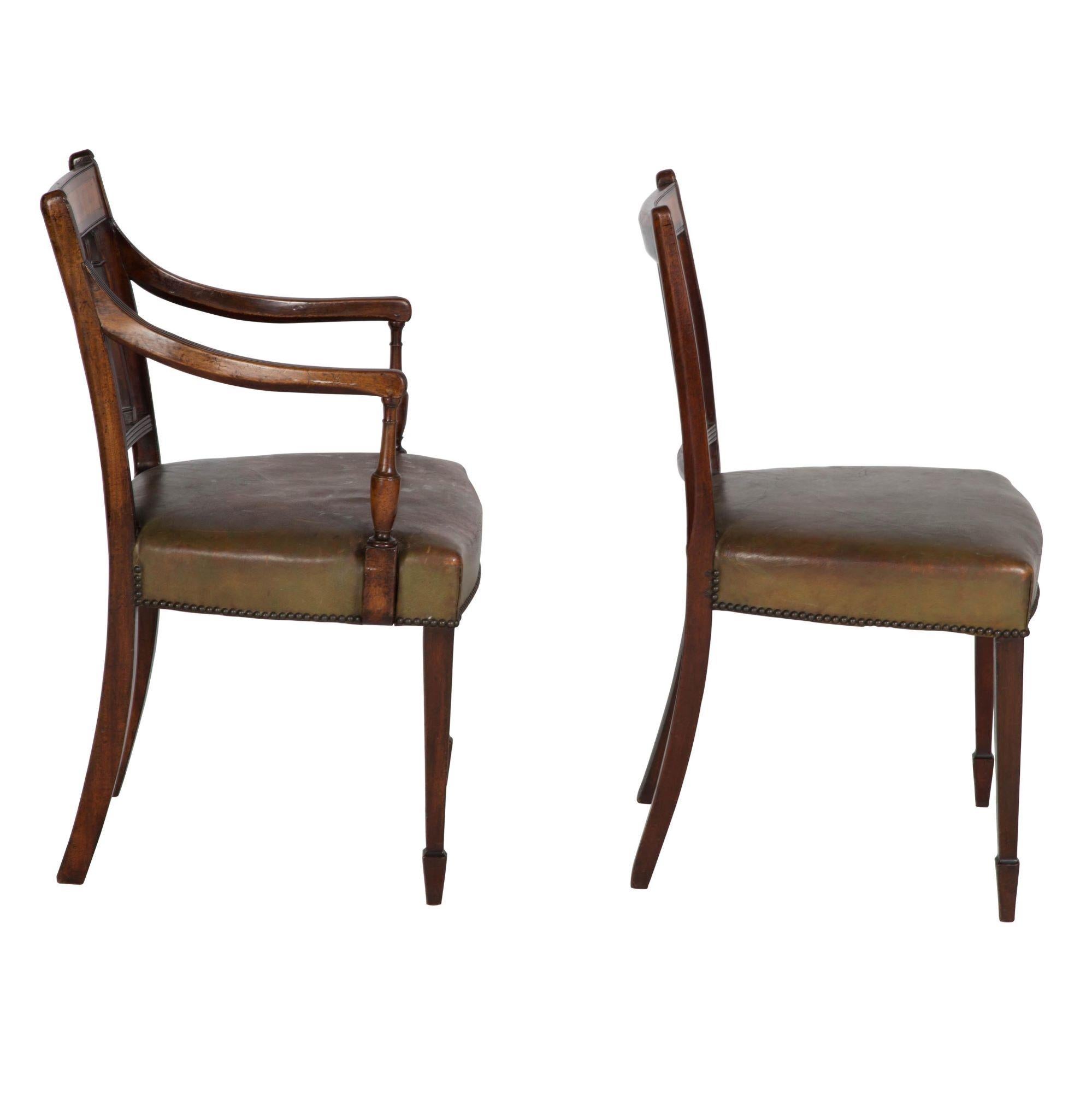 18th Century Set of 8 English George III Dining Chairs circa 1780, Mahogany and Satinwood For Sale