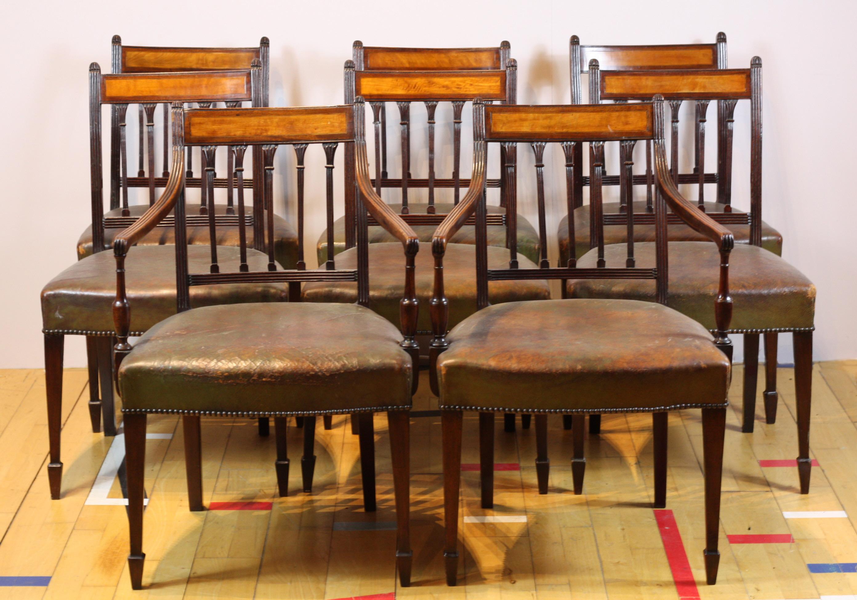 Leather Set of 8 English George III Dining Chairs circa 1780, Mahogany and Satinwood For Sale